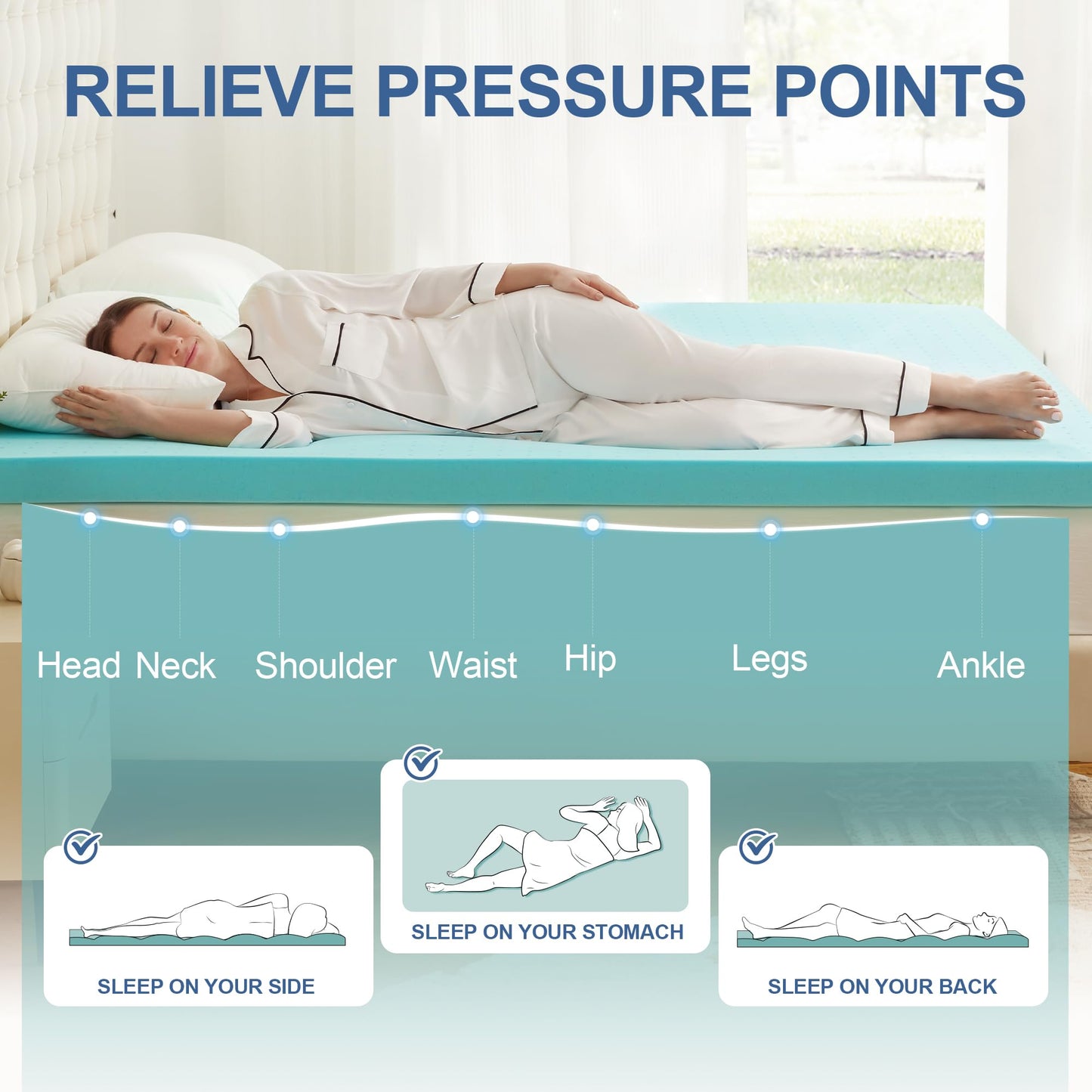 Eiayeebil 2 Inch Memory Foam Mattress Topper Queen, Mattress Pad Gel Infused Foam Bed Topper, Ventilated Soft Blue,Queen Size