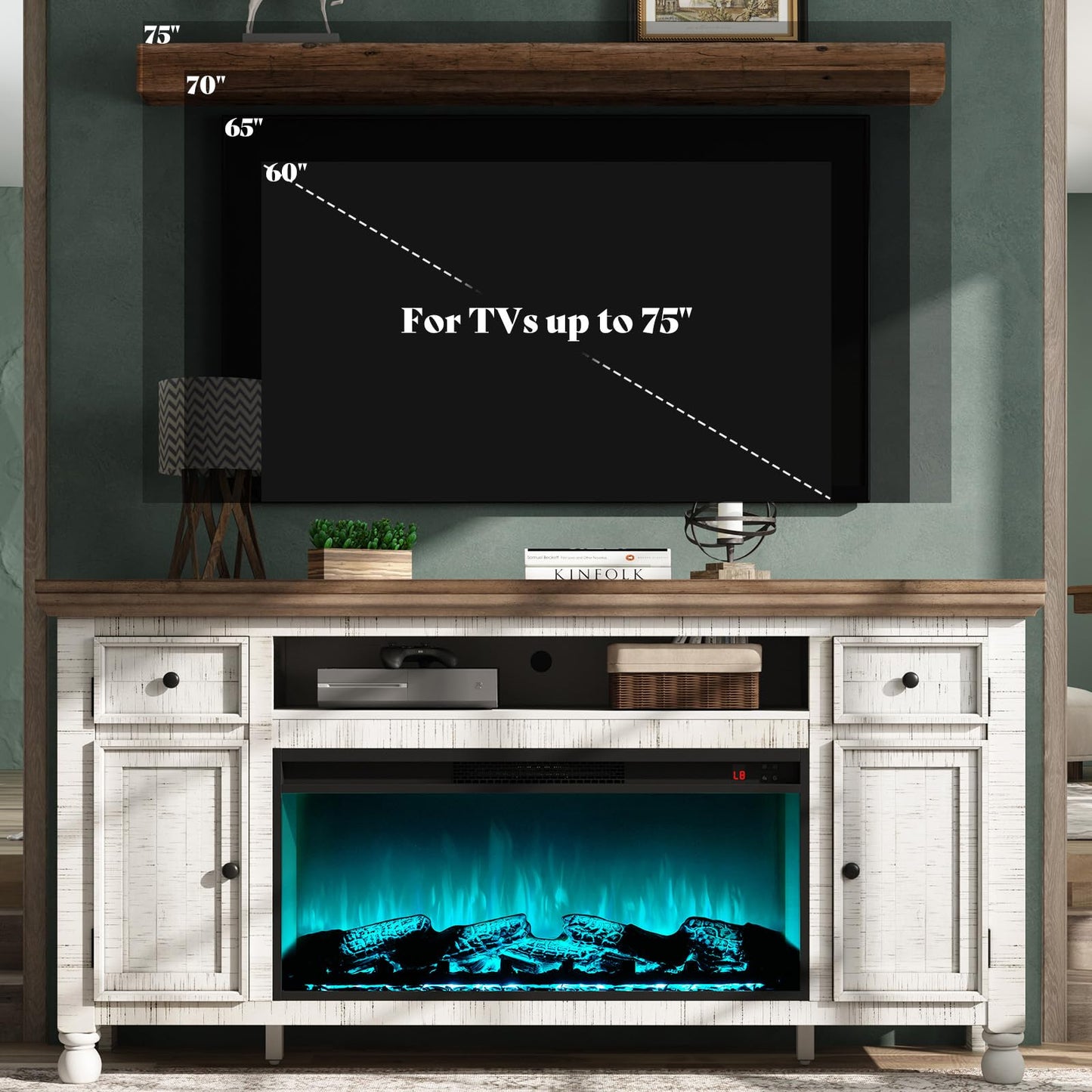 AMERLIFE 70”Fireplace TV Stand for TVs up to 75”, Farmhouse Entertainment Center with 36”Electric Fireplace Insert, Solid Wood Media Console with Storage, Distressed White