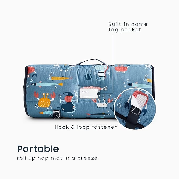 Wake In Cloud - Toddler Nap Mat with Pillow and Blanket, 100% Cotton Fabric, for Kids Boys Girls in Daycare Kindergarten Preschool, Roll Up Sleeping Bag, Blue Sea World, Extra Long