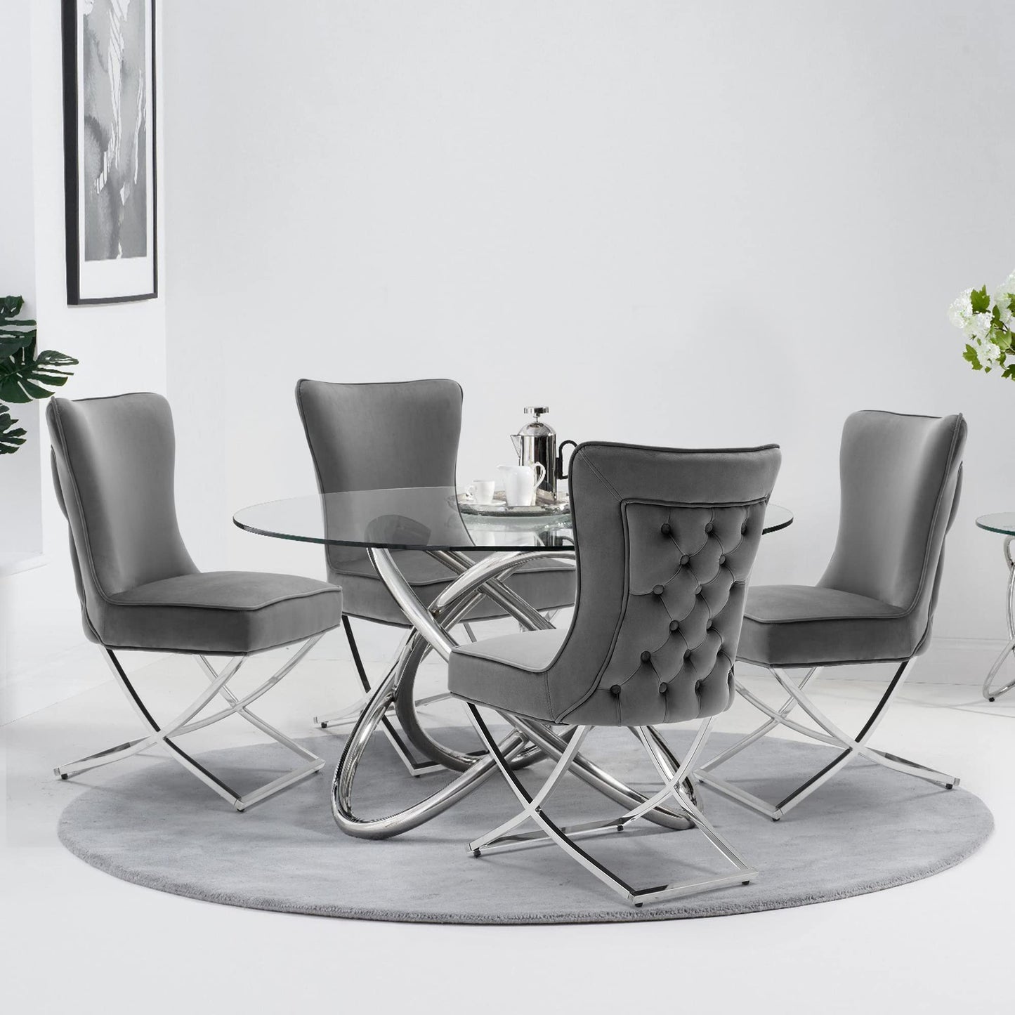 LOULENS Elegance Velvet Dining Chairs Set of 4, Luxurious Upholstered Tufted Dining Room Chairs, Glam Royal Velvet Accent Chairs with Stainless Steel Legs, Dark Grey
