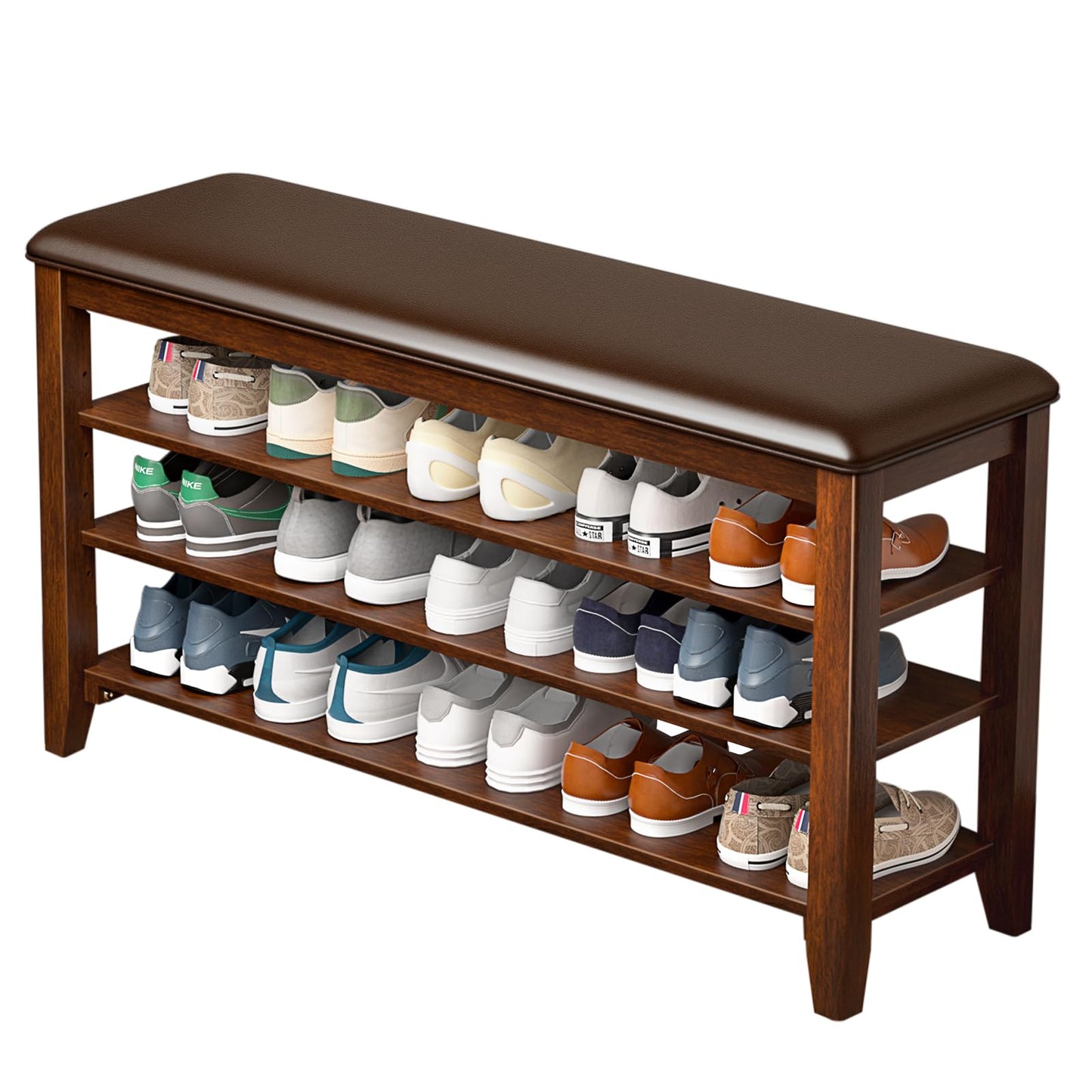 Shoe Rack Bench Entryway Storage with Leather Cushion, Shoe Organizer Bench for Entryway, Ideal for Front Doors Entrances Hallway Mudroom Featuring Rubberwood And 3 Height-Adjustable Removable Shelve