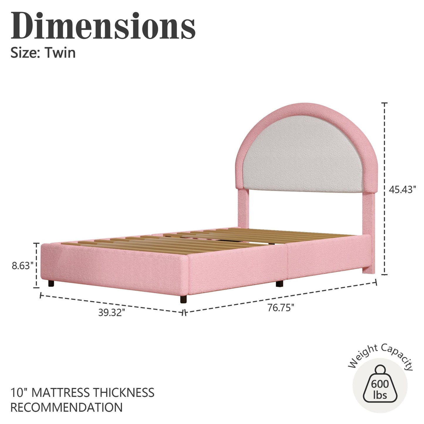 REVOMINCA Twin Boucle Bed Frame, Boucle Upholstered Platform Bed Twin Size with Headboard, Pink Bed Frame for Girls Kids, Low Profile Bed, Rounded Corners, No Box Spring Needed, Pink and White