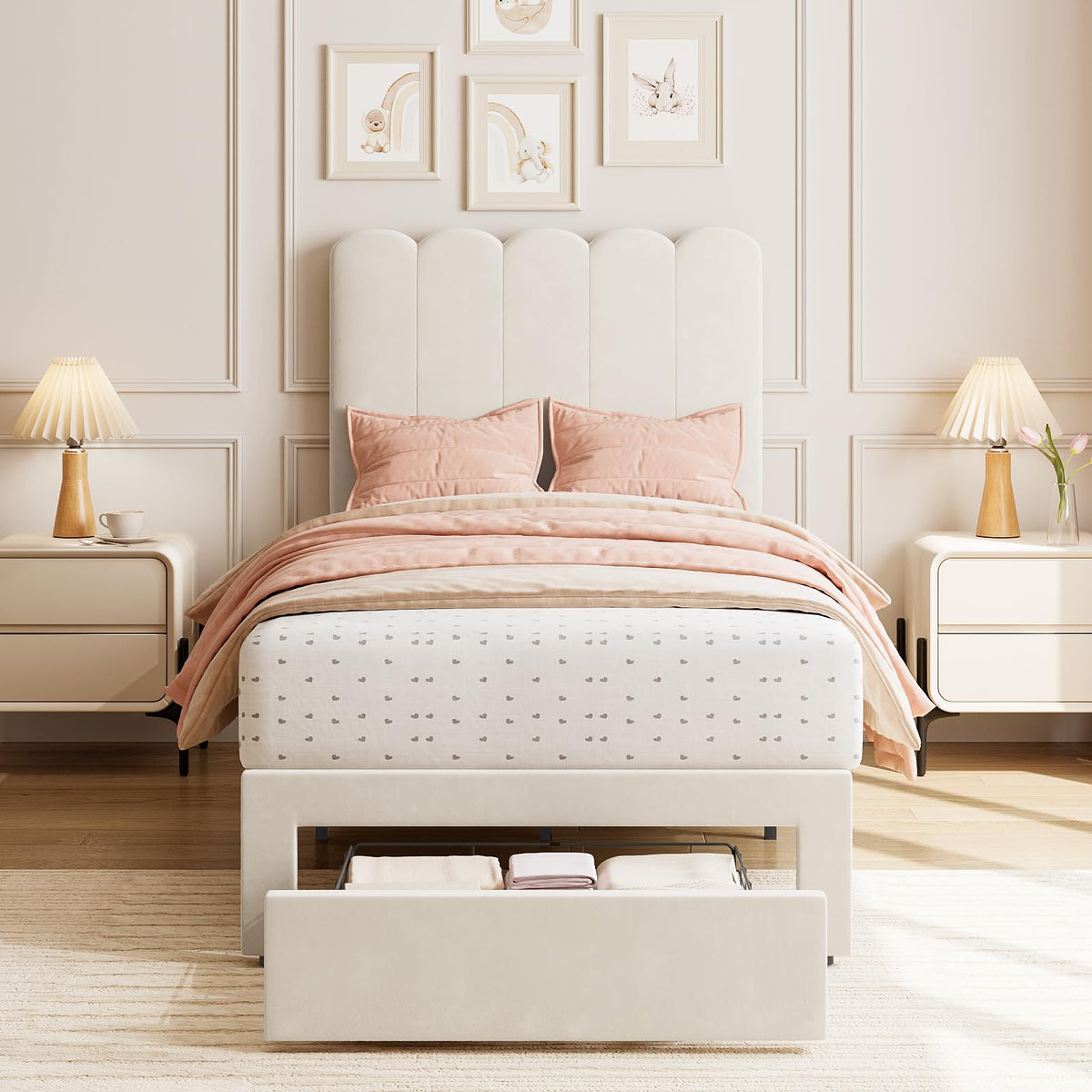 GarveeHome 2 Sets Twin Bed Frame with Under-Bed Drawer, Upholstered Platform Bed with Wave Headboard for Kids/Girls, Wooden Slats Support, No Box Spring Needed, Velvet Beige