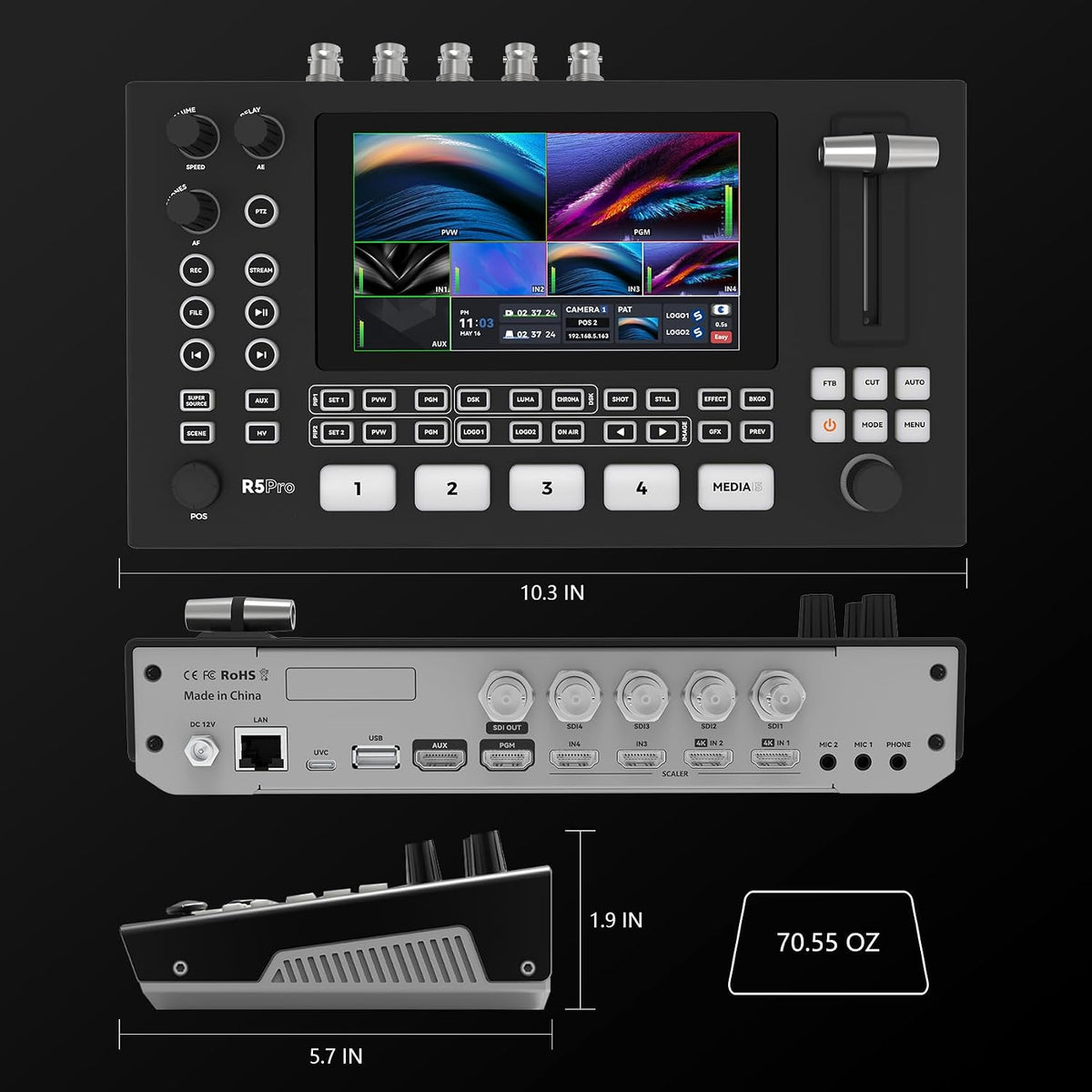 SPROLINK Neolive R5S PRO 4K60FPS Video Switcher Mixer, 4SDI & 4HDMI Input, 5CH Live Streaming Switcher, 5.5'' FHD Screen, 1080P60 Output, USB/SD Recording, PTZ Control, NDI Built-in, Super Source