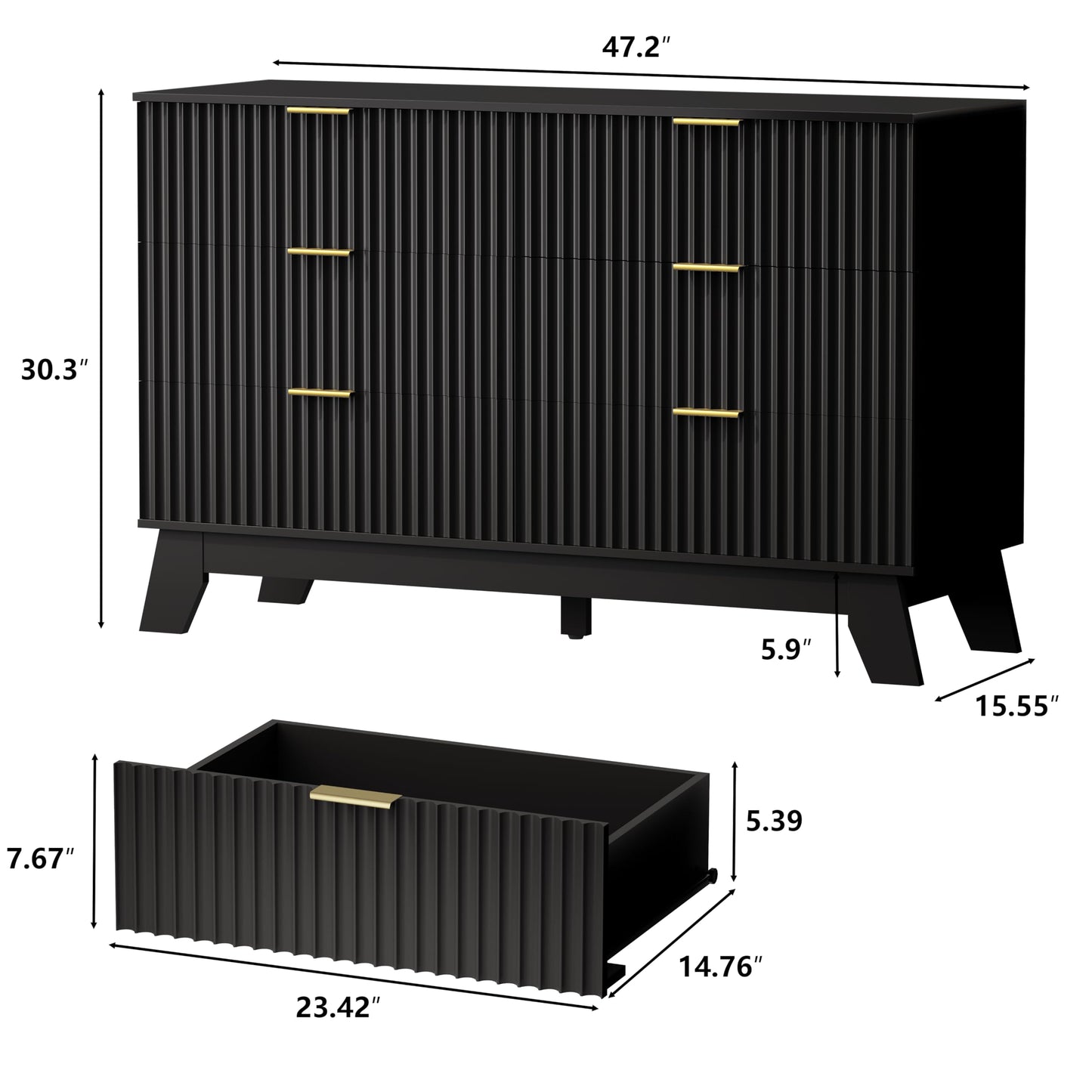 HUANLEGO 6 Drawer Dresser for Bedroom, Black Fluted Dressers Chest of Drawers with Gold Handle, Wood Mid Century Modern Dressers for Closet, Bedroom Dresser Storage Organizer for Living Room, Hallway
