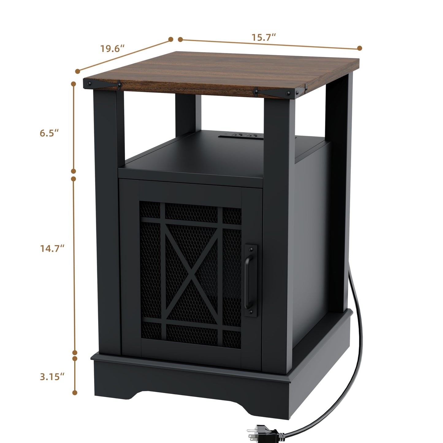 Night Stand with Charging Station Farmhouse End Table for Living Room, Black Nightstand for Bedroom Furniture, Storage Cabinet with Open Shelf, Wood Bed Side Tables for Living Room Couch or Sofa