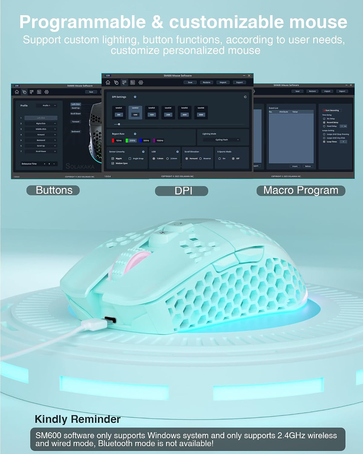 SOLAKAKA SM600 Honeycomb Shell Gaming Mouse Wireless,8000 DPI Tri-Modes BT5.1/2.4G Wireless/Type-C Wired Gamer Mouse with 2 Side Buttons, Macro Programmable and RGB Light for PC/Mac/Laptop,Green