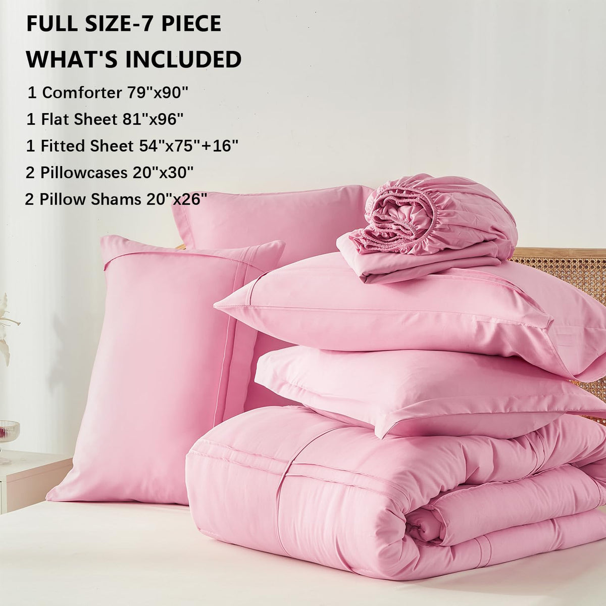 Yogeneg Full Size Comforter Set 7 Piece Bed in a Bag,Grid Pinch Pleat Pink Bedding Set,Striped Textured Soft Microfiber Comforter with Sheet Set,All Season Complete Bed Set(Pink,Full)