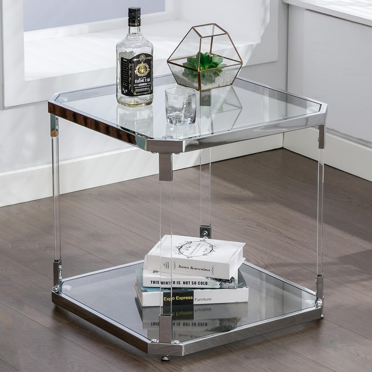MINPINSER Glass Top Side Table - Silver Square Glass Top End Table Clear Acrylic Nightstand for Living Room Bedside Bedroom