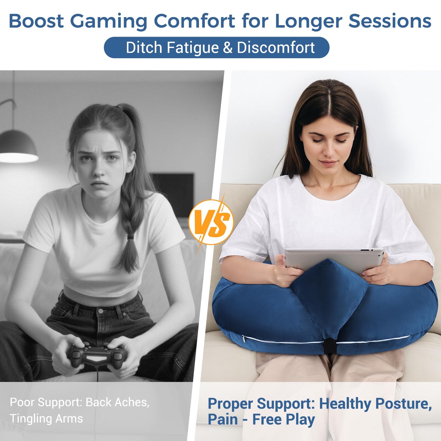 COOLBEBE Reading Pillow for Gaming, Arm Rest Support Pillow, U-Shaped Lap Pillow for Bed & Sofa, Compact Gaming Pillow with Tablet Support for Reading, Crocheting(Navy Blue)
