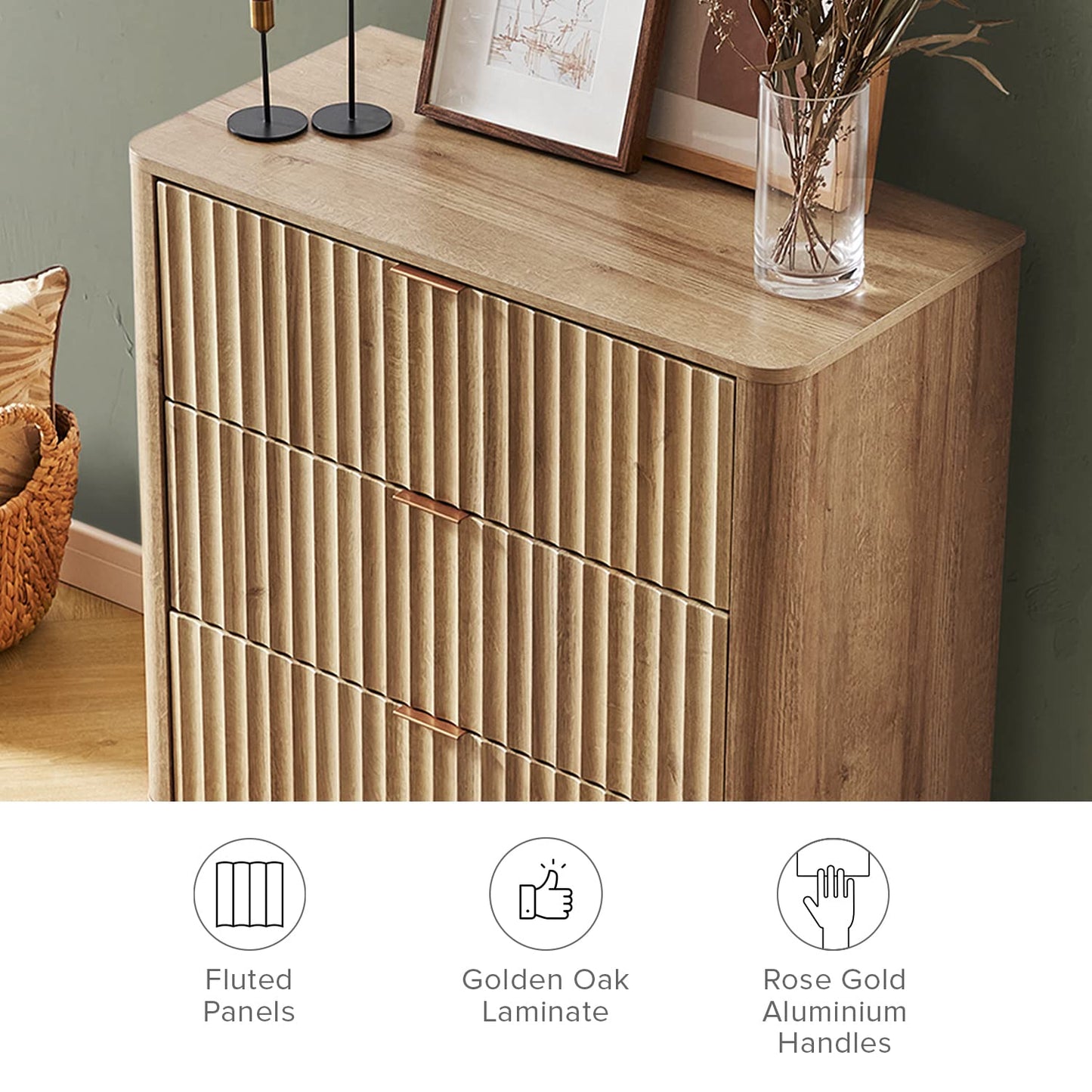 mopio Brooklyn 3 Drawer Dresser for Bedroom, Mid Century Modern Chest of Drawers, Wood Tall Nightstand, Waveform Fluted Side Table, Enhanced Safety, ASTM F2057-23 Sturdy Compliant (Oak)