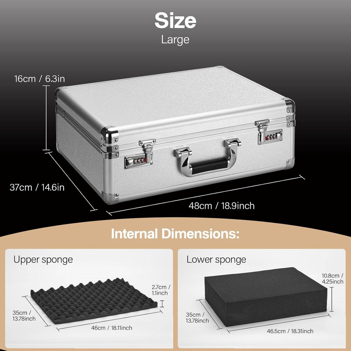 Combination Lock Box - Locking Storage Case with Customizable Foam, 18.9" Portable Lockable Case for Personal Items, Valuables, Documents, Briefcase for Jewelry, Cash, Medications, Silver