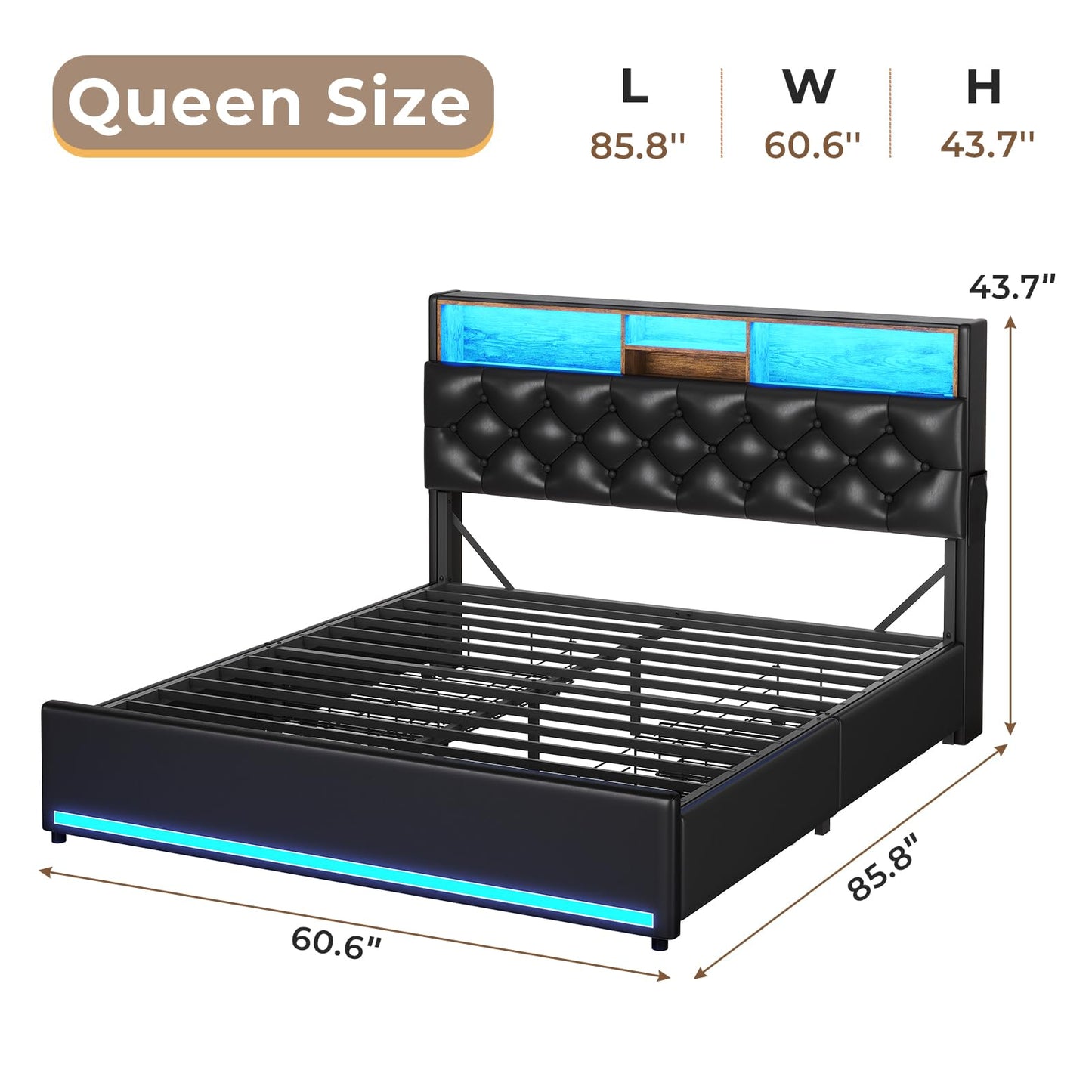 Queen Bed Frame with 3-Tier Headboard & Hidden Storage, Upholstered LED Bed Frame with 4 Drawers and Charging Station,Platform Metal Bed Frame with Storage, No Box Spring Needed, PU Black