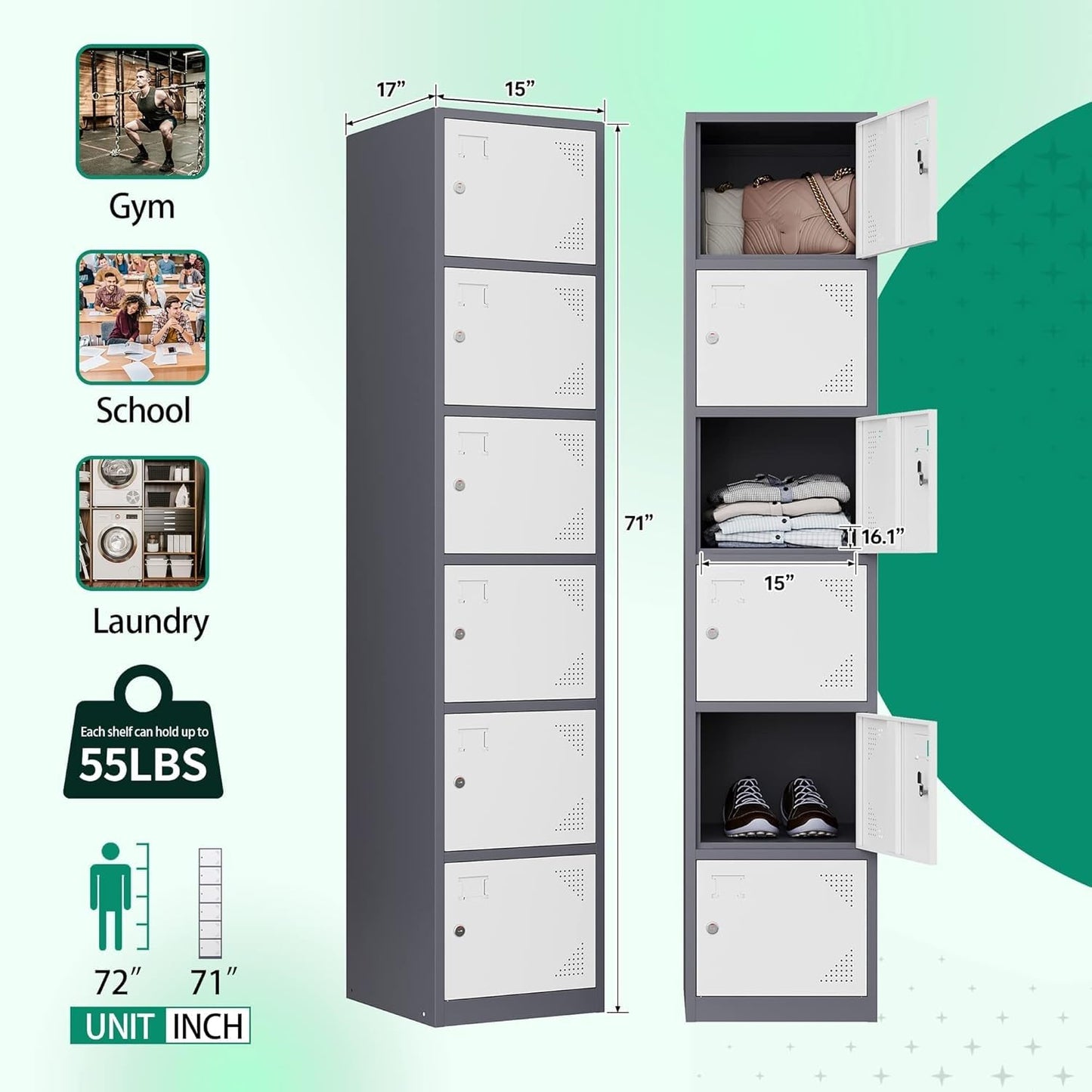Letaya Metal Lockers for Employees,71" Steel Storage Cabinet with 6 Door Lockable for Office Staff,Home,Gym,School (Grey White)