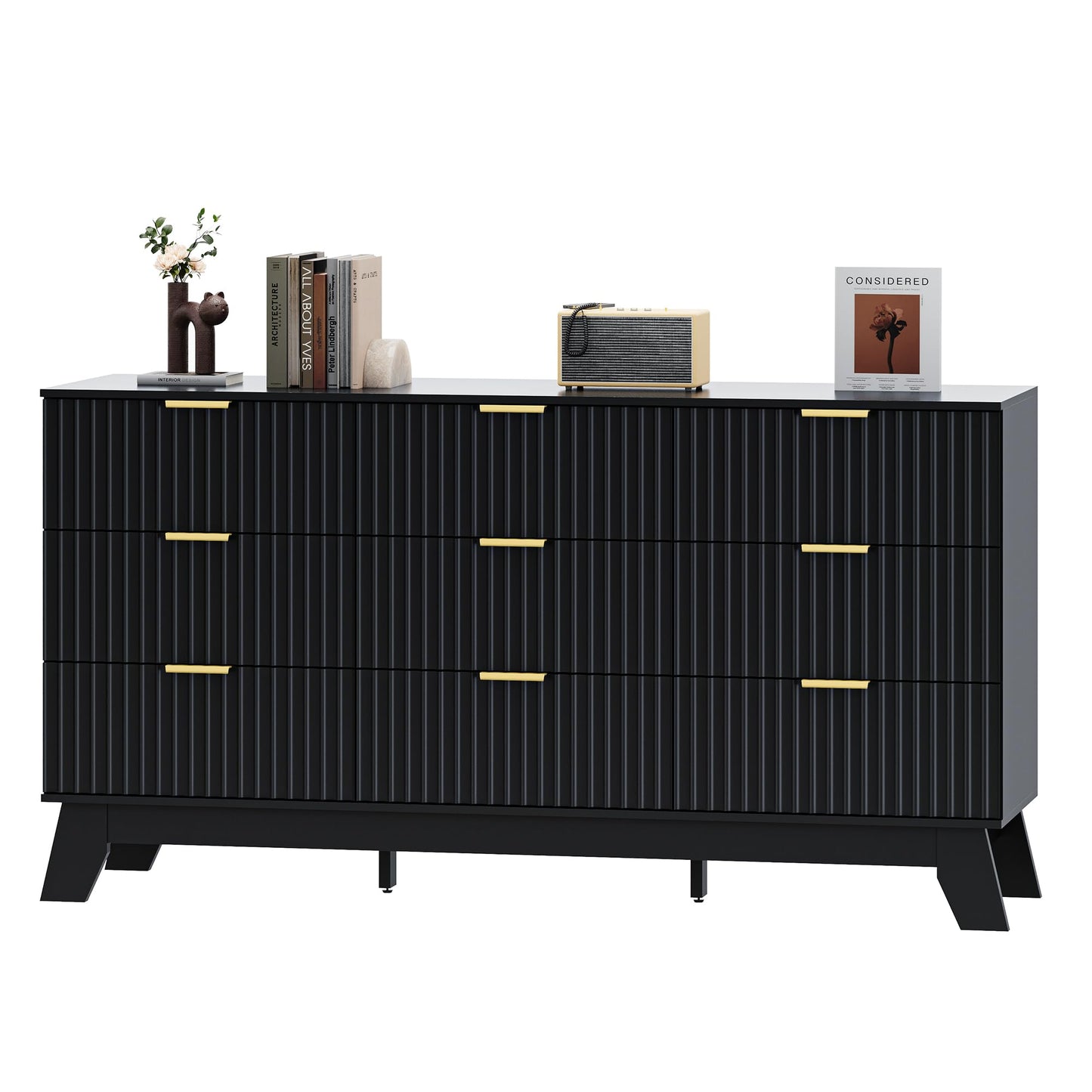 HUANLEGO Fluted Dresser for Bedroom with 9 Drawers, 57" Mid Century Modern Dresser of Closet TV Stand, Nature Wood Dressers with Gold Handle, Boho Closet Wide Modern Chest of Drawers, Black