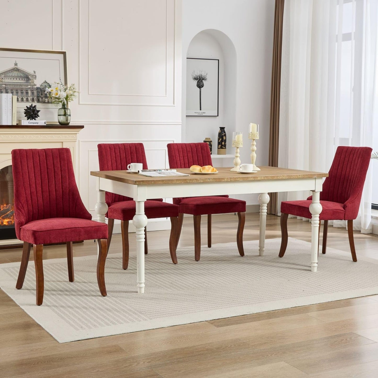 BEIDOR Dining Chairs Set of 6,Comfy Fabric Upholstered Accent Chairs for Kitchen Living Room,Channel Tufted Dining Room Chairs with Curved Solid Wood Legs(Wine Red)