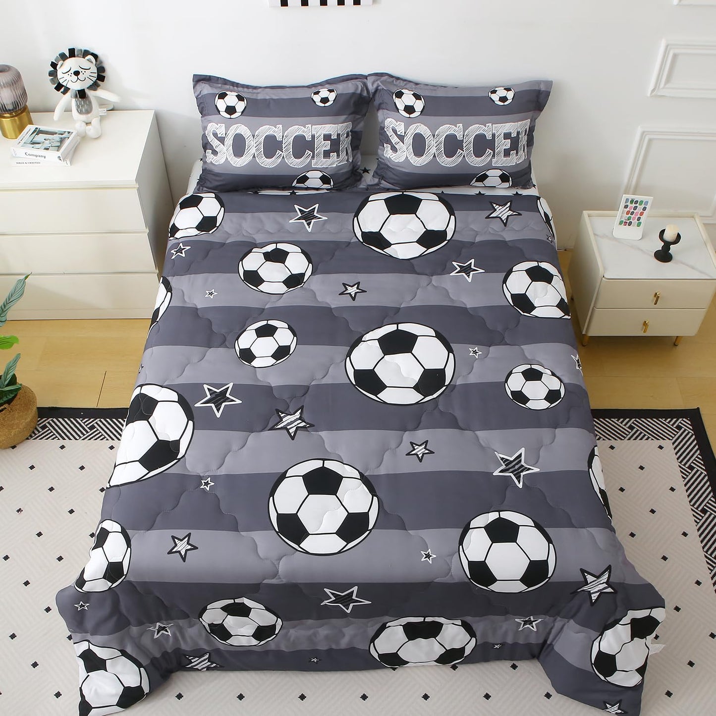 Gusuhome Boys Sports 7 Piece Soccer Comforter Set Twin Size 3D Football Playground Bedding Set for Kids Bed Set Gray(Comforter,Flat Sheet,Fitted Sheet and Pillow Sham)