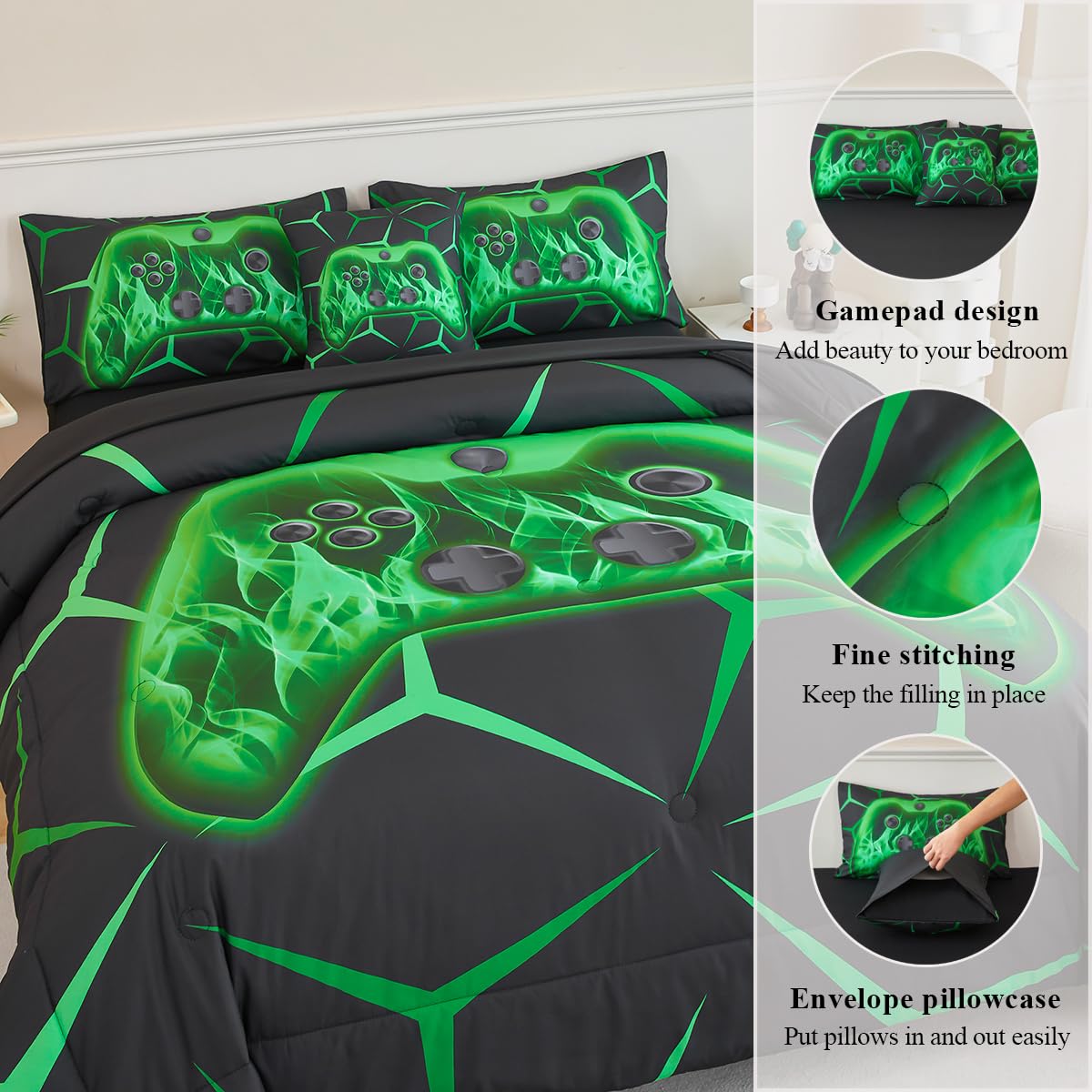 ZSYAYAHA Twin Bed Set for Boys Black and Green Gaming Comforter Set Kids Gamer Bedding Set for Teenage Girls Soft Lightweight 6 Pieces Geometric Bed in A Bag with Sheets(Green, Twin)