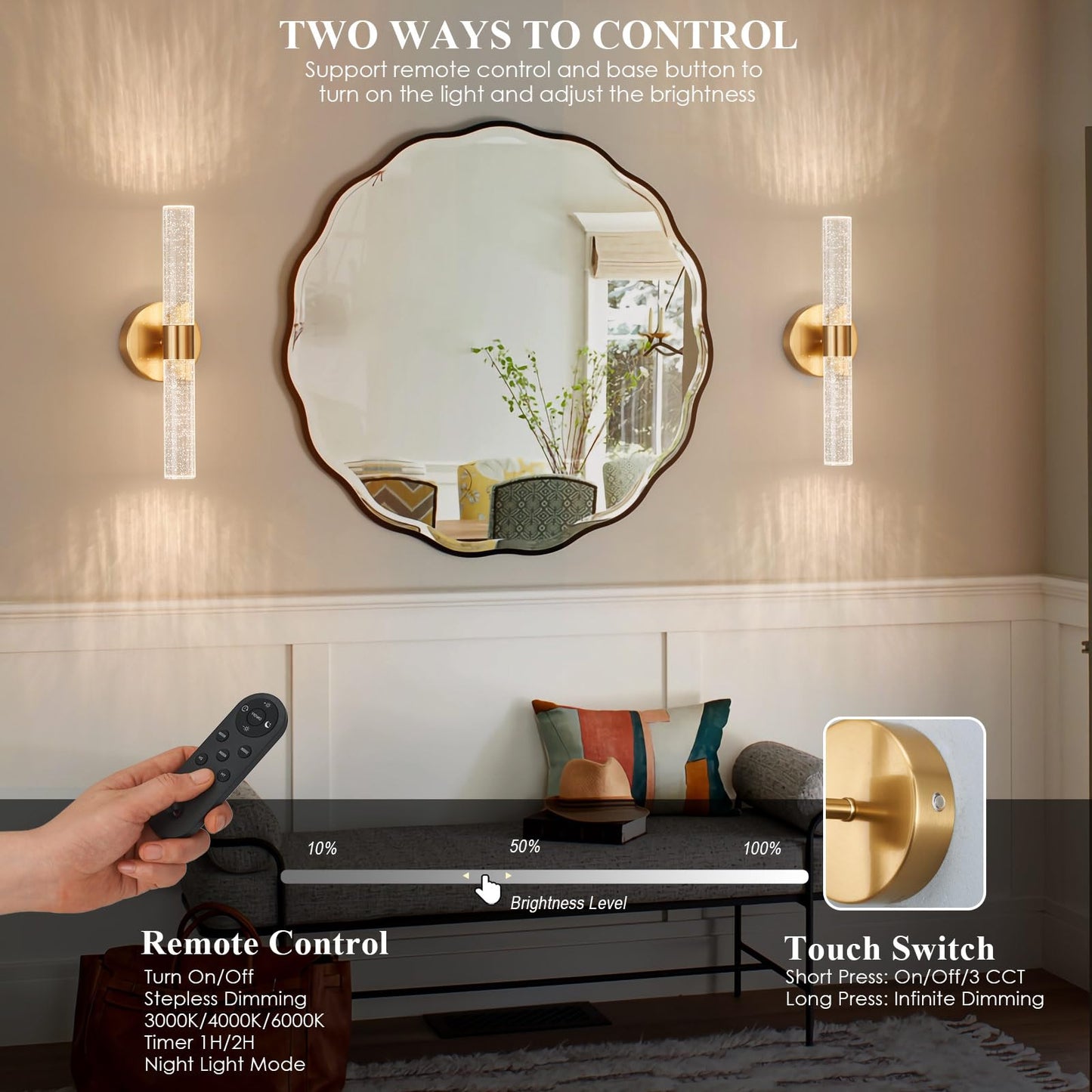 Gold Battery Operated Wall Sconce Set of 2, 3000-6000K LED Dimmable Wireless Sconces Wall Lighting with Remote, 15.7" Crystal Rechargeable Cordless Wall Lights for Bedroom, Living Room, Hallway