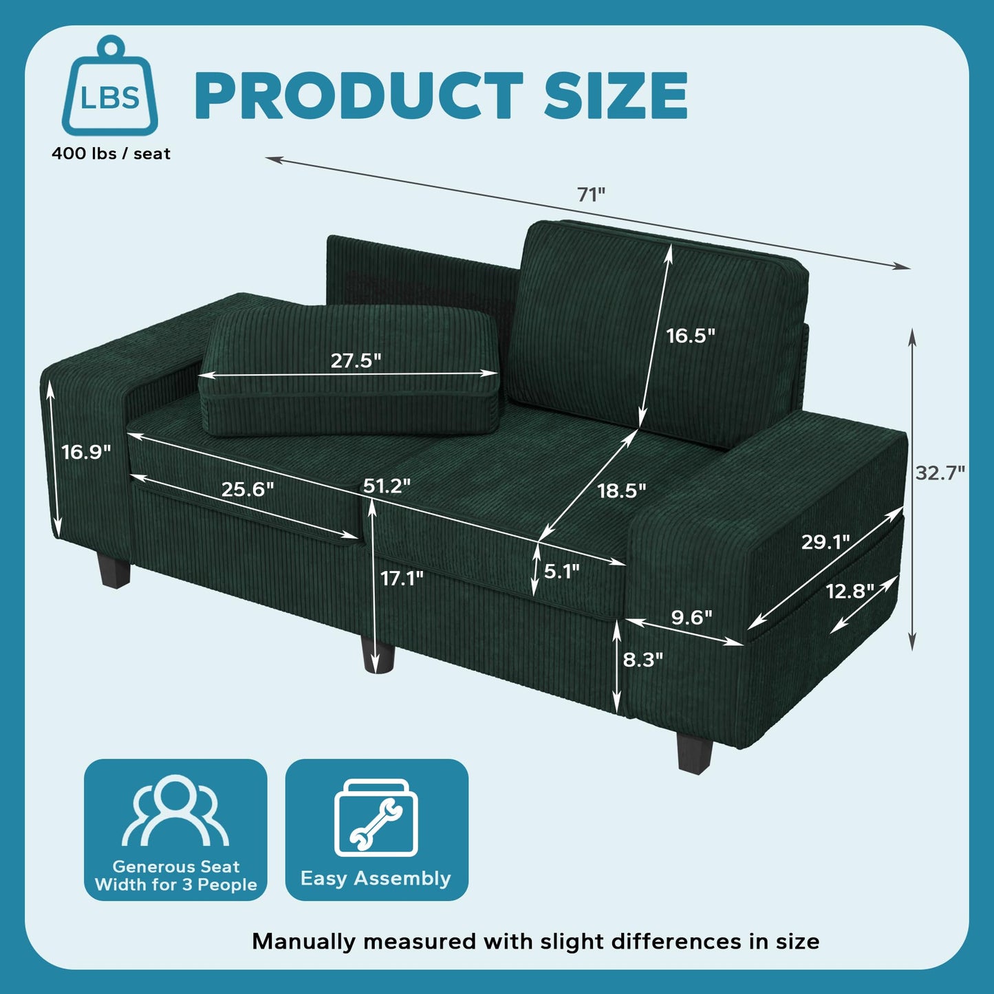 MeetLeisure 71" Corduroy Loveseat Couch, 2 Seater Retro Sofa with 4 Side Pockets, Removable and Washable Cushions, Mid Century Modern, Living Room, Apartment, Office (Green)