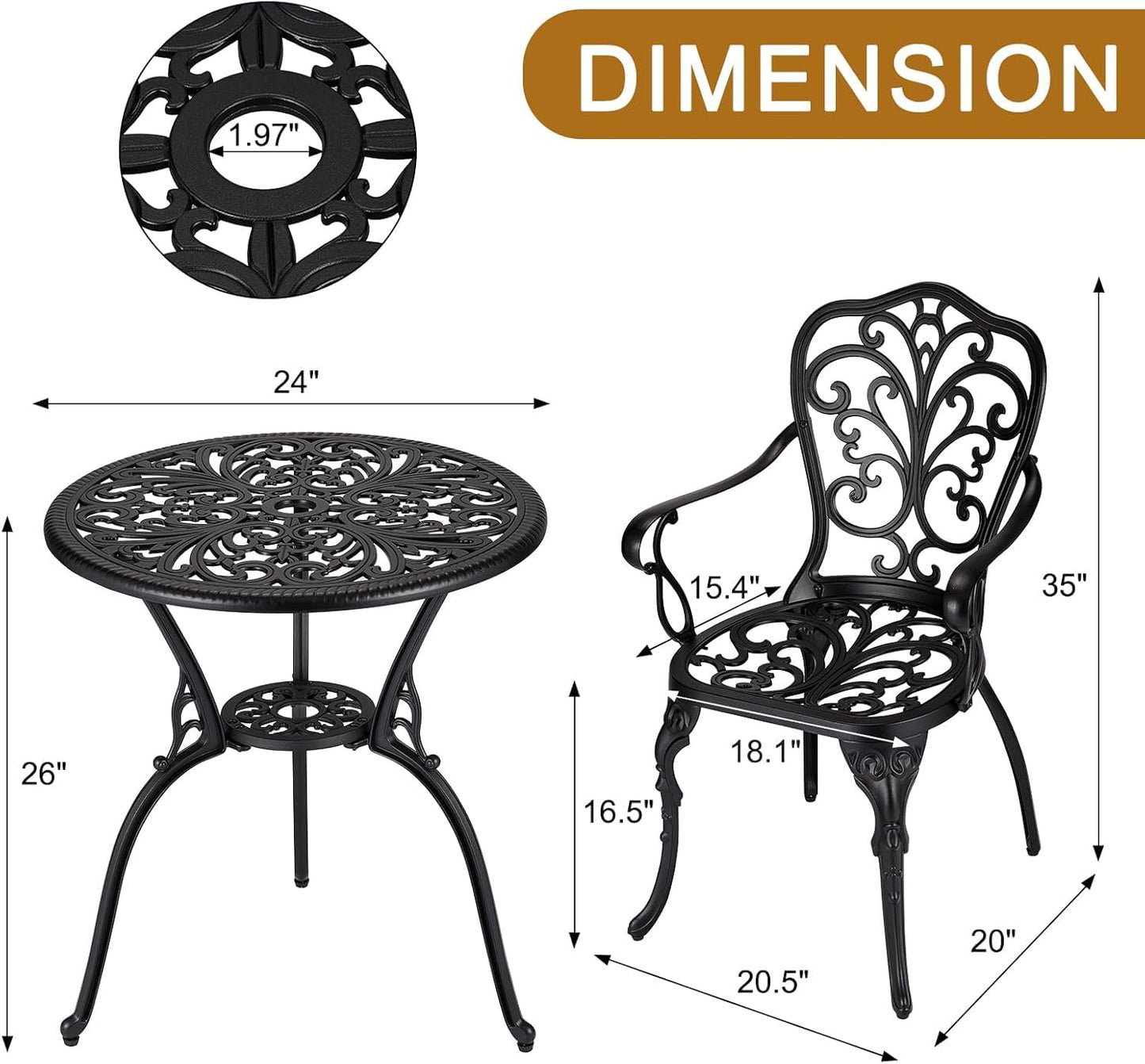 GarveeHome 3 Piece Outdoor Bistro Set, Cast Aluminum Patio Table and Chairs Set of 2 with Umbrella Hole, Rust-Resistant All Weather Balcony Furniture for Backyard, Porch, Black
