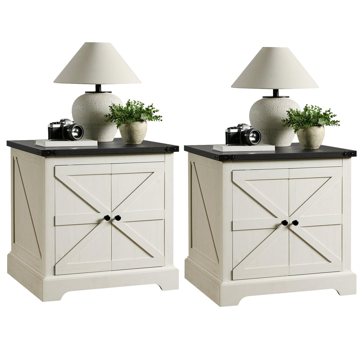 QUW 24" End Table Set of 2 with Charging Station, Side Table with Barn Door and Adjustable Shelves, Farmhouse Bedside Table, Nightstand for Bedroom, Living Room, White