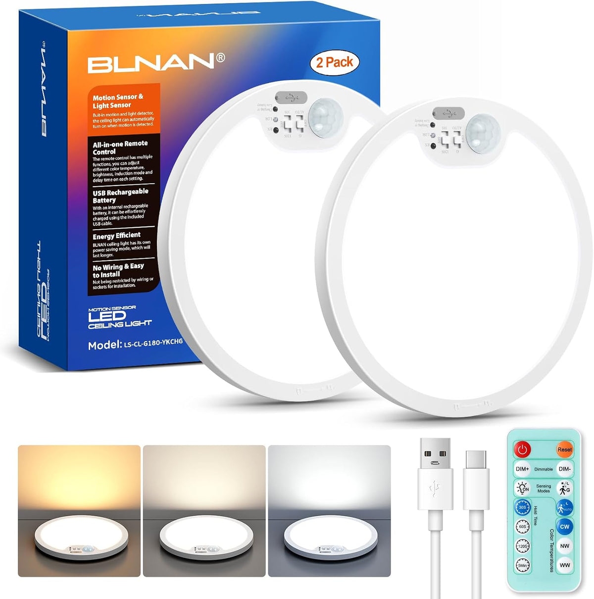 BLNAN Rechargeable Motion Sensor Ceiling Light - Wireless Magnetic Ceiling Light, Remote Control for Color & Brightness, Stick On Battery Operated Light for Shower, Closet, Pantry, Hallway, 2 Pack