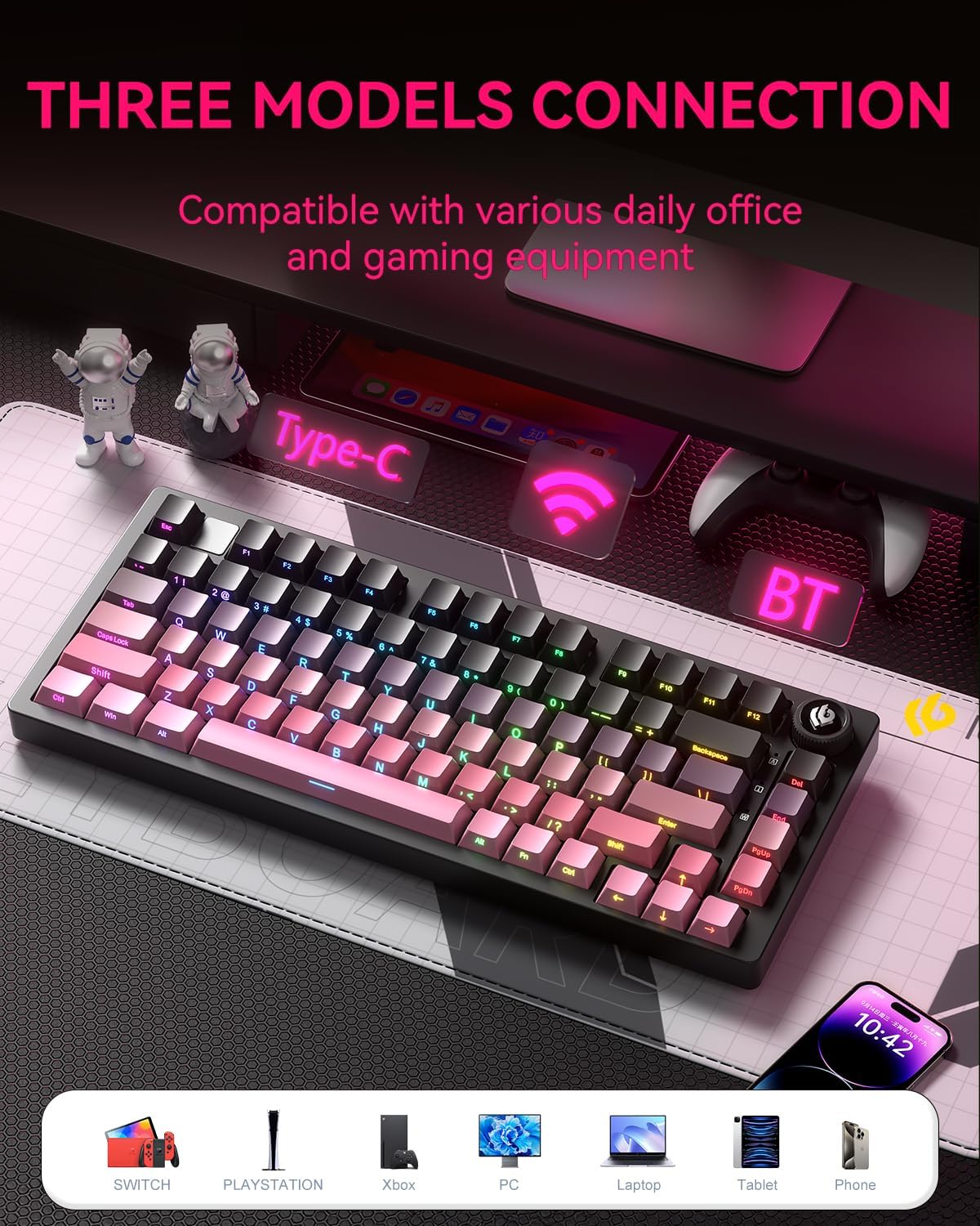 LEOBOG x Aula Wireless Mechanical Keyboard,75% Gasket Hot Swappable Custom Keyboard with Knob, 2.4GHz/USB-C/BT5.0 Mechanical Gaming Keyboards for PC/MAC/Windows - Seiya Switch, Black Pink (HI75C Pro)