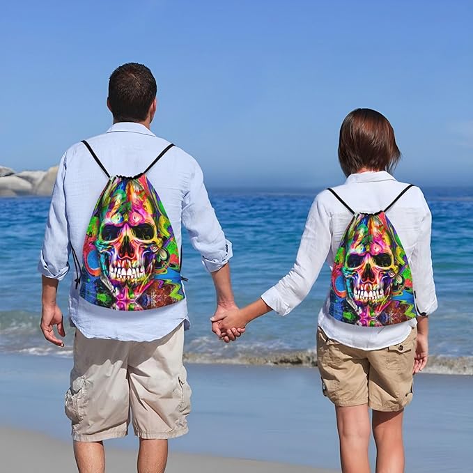 Colorful Skull Drawstring Backpack, Halloween Drawstring Bag, Theme Party Masquerade Decorations Sack String Bag Cinch Waterproof Sackpack for Sport Gym