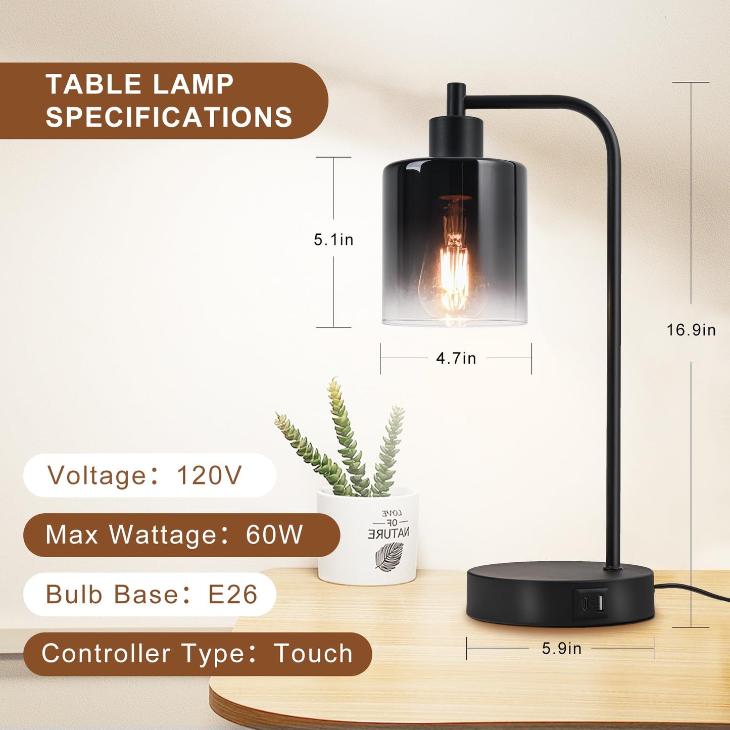 Modern Table Lamps for Bedroom Set of 2 with USB Ports, 3 Way Dimmable Touch Lamp for Night Stands, Industrial bedside lamp with charging station, Black Small Nightstand Lamp for Living Room End Table