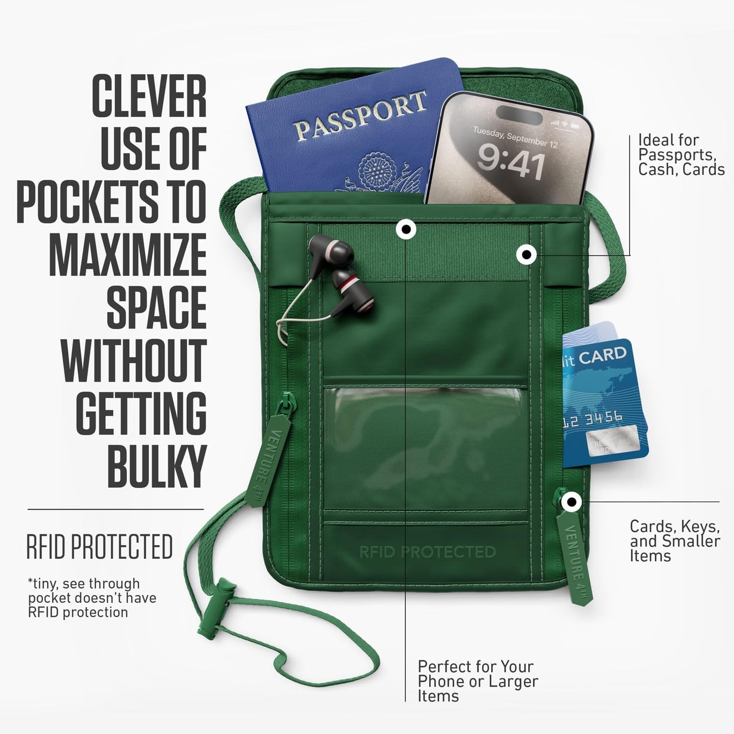 VENTURE 4TH Passport Holder Neck Wallet with RFID Blocking Nylon Lining - Hidden Neck Pouch for Travel (Sleek Army Green)