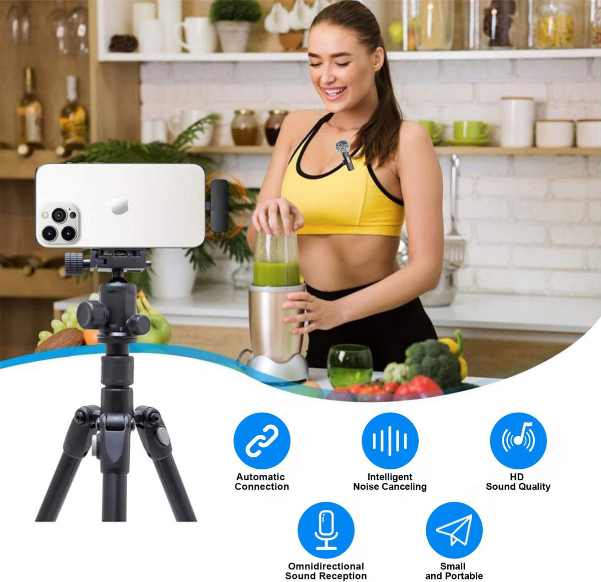 Mini Microphone for iPhone Android - Wireless Lavalier Microphone USB-C Lightning, Noise Cancelling Clip On Mic, 65ft Range, 12H Battery for Video Recording TikTok YouTube Content Creators