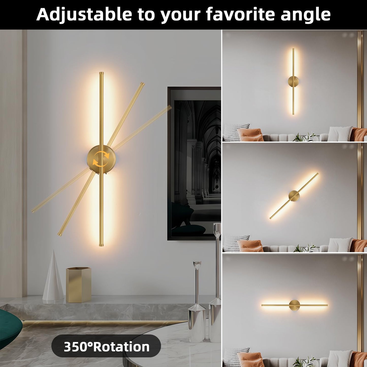 Povectolay Wall Sconces Battery Operated Set of Two, Gold LED Wireless Wall Sconce with Remote Control 350° Rotate, 27.6 Inch Dimmable USB Rechargeable Wall Lights for Living Room Bedroom Hallway