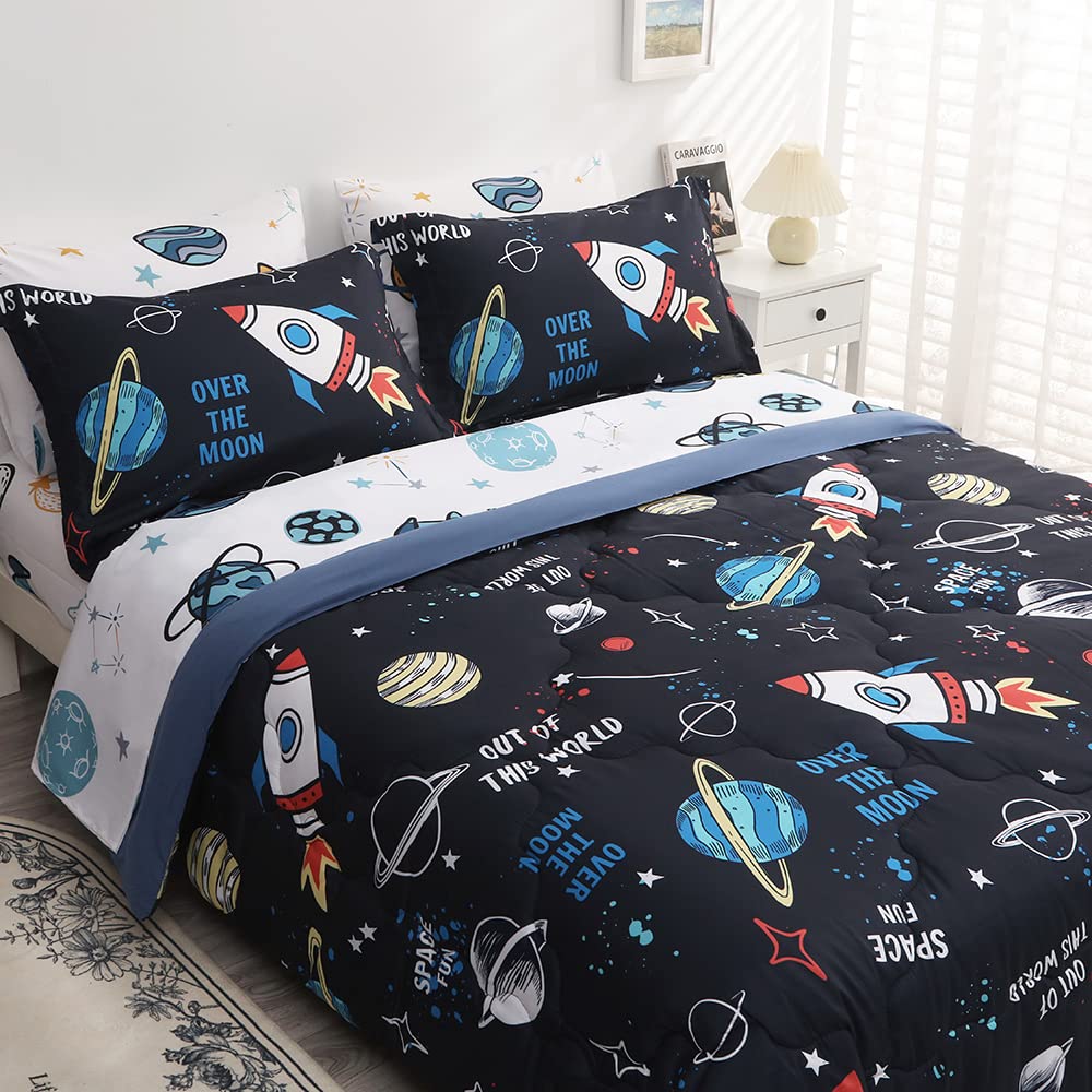 Wajade Kids Space Comforter Set Bed in A Bag Full Size 7 Piece 3D Space Rocket Planets Bedding Set for Teens Boys Girls (1 Comforter, 1 Flat Sheet, 1 Fitted Sheet, 2 Pillowcase and 2 Pillow Sham)