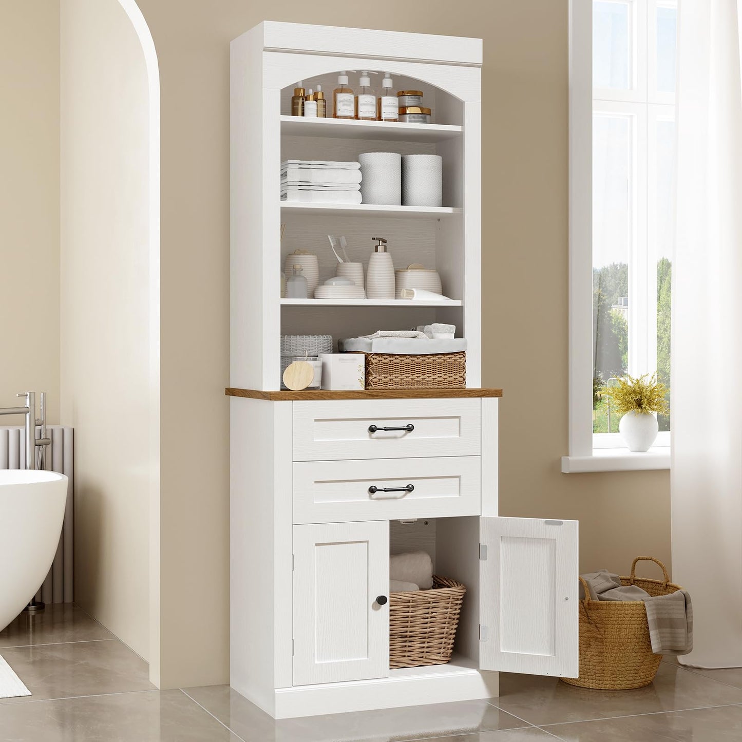 RALGEND Farmhouse Tall Bookshelf, 7 Tier Arched Bookcase with Drawers and Doors, Book Shelf with Storage Cabinet, Wooden Freestanding Open Display Bookshelves for Living Room, Office, White and Walnut