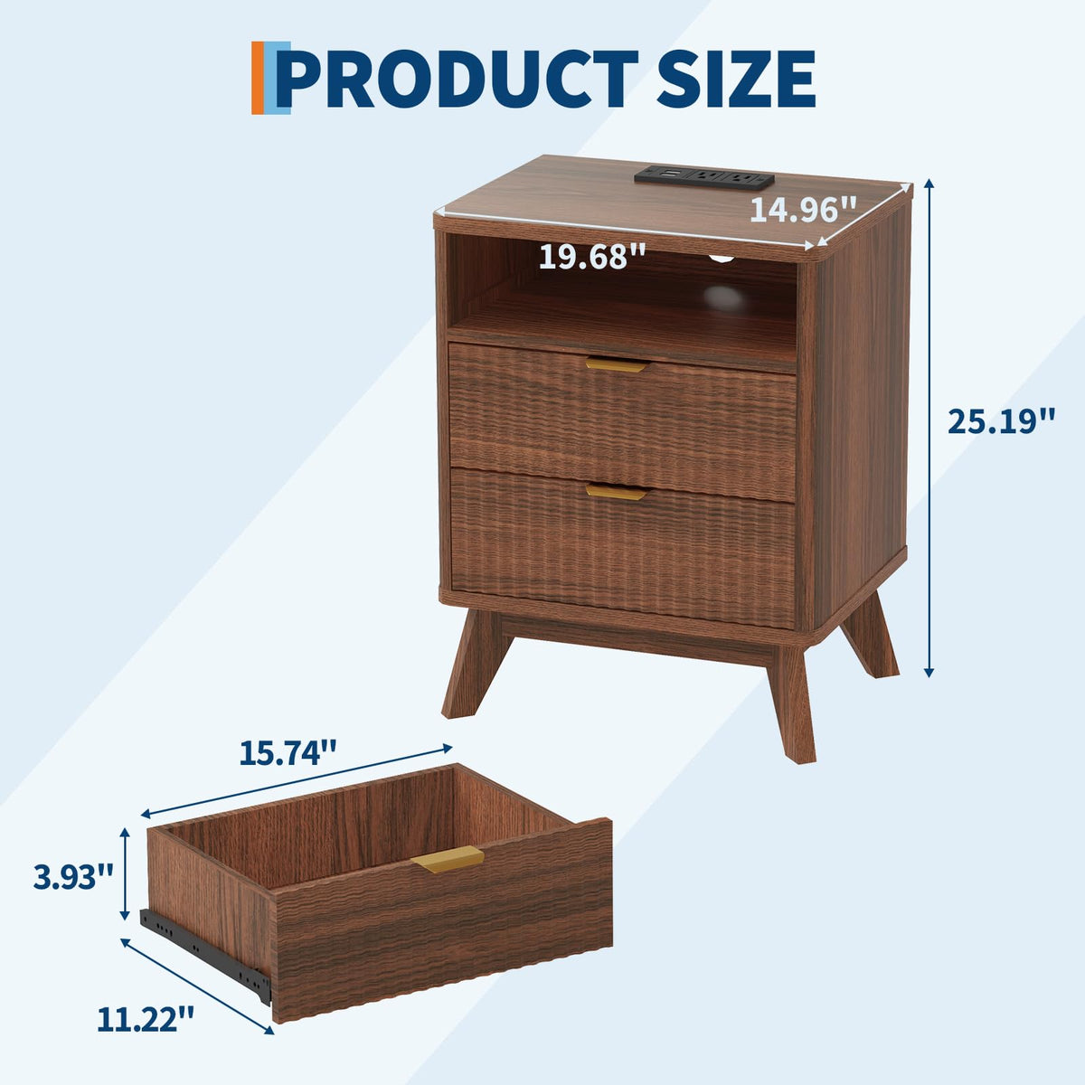 Fluted Nightstand Set of 2, Wood Night Stands with USB Ports and Outlets, 2 Drawers and Open Shelf Bedside Tables, End Table with Solid Wood Feet for Living Room Bedroom Office,Walnut Wood Color