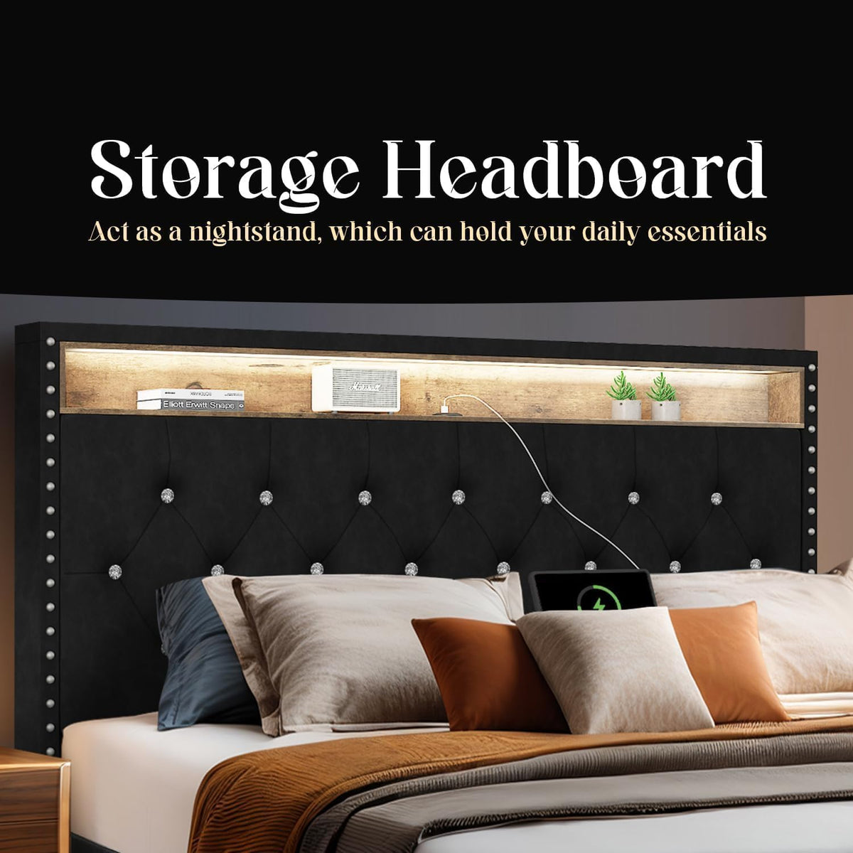 HOMBCK Queen Bed Frame with Charging Station and LED, Upholstered Platform Bed Frame Queen Size with Diamond Tufted Storage Headboard, Wood Slats Support, No Box Spring Needed, Easy Assembly, Black