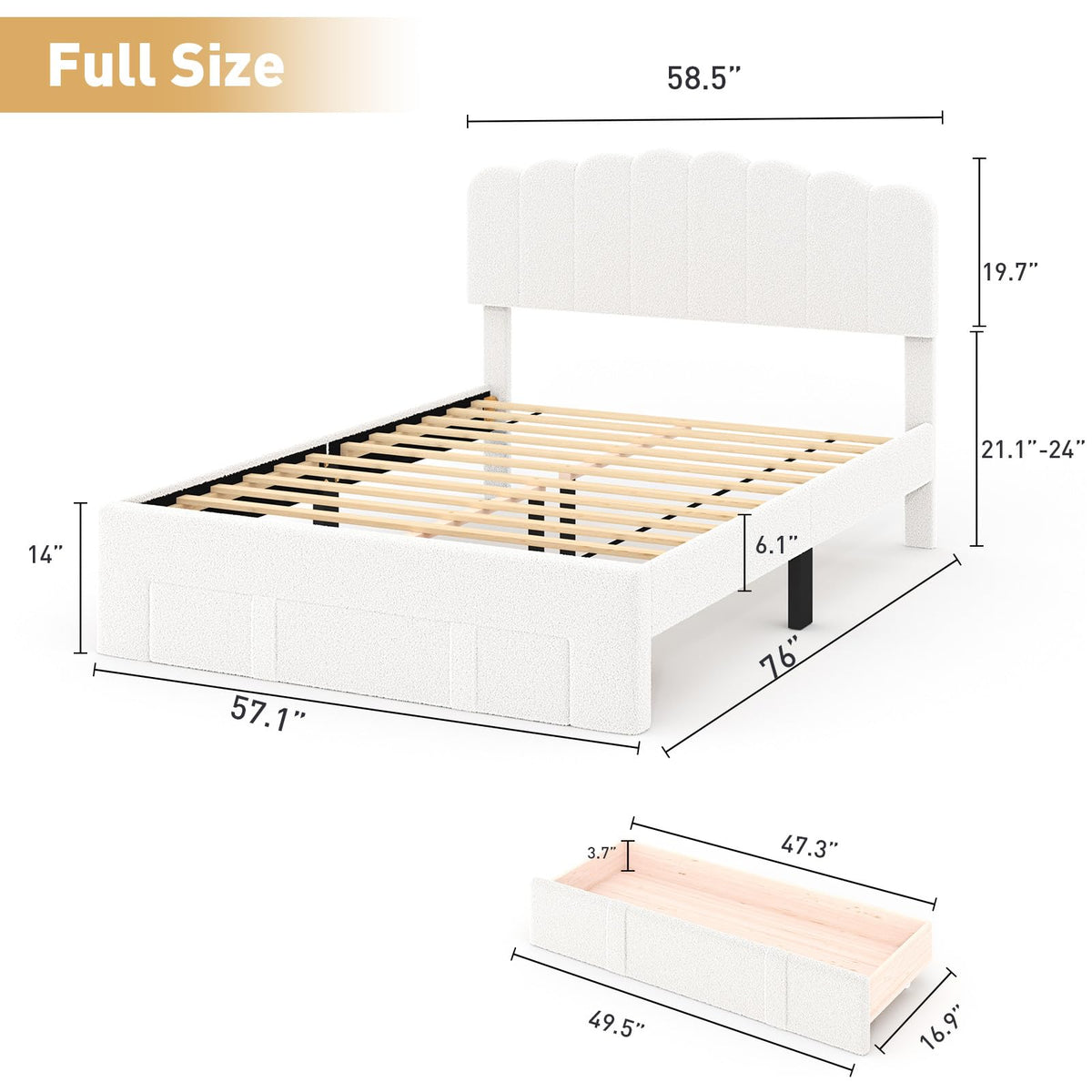 Bonzy Home Full Bed Frame with Storage Drawers and Adjustable Headboard, Modern Bed Frame with White Light, Wooden Slats Support, No Box Spring Needed, White