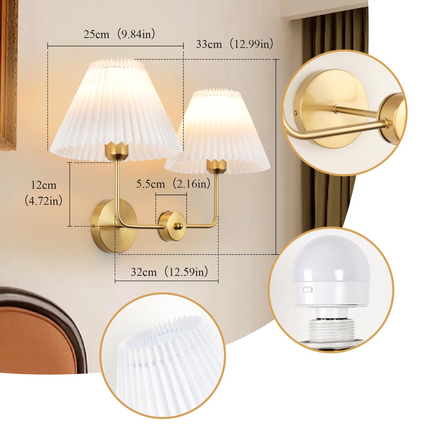 Rnzziw Double Light Battery Operated Wireless Wall Sconces with White Pleated Fabric lampshade, 2-Light Antique Brass Sconce for Bathroom Vanity Hallway Stairway Living Room (Gold)