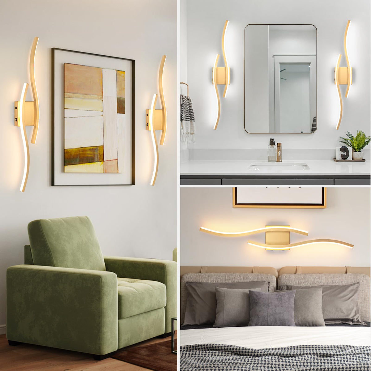 EIDEARAY Modern LED Wall Sconce Set of Two, Battery Powered Wall Sconces Set of 2 with Timer, Gold Wall Light with Remote, LED Wall Lamp Indoor not Hardwired for Bathroom Living Room Bedroom Corridor