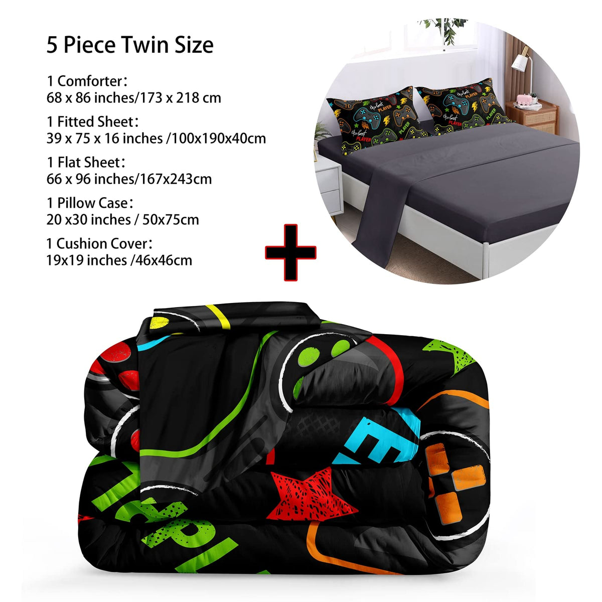 BDUCOK 5 pieces Gamer Comforter Set for Boys Gaming bedding set Twin Size,Video Game Controller Comforter for Boys Kids Adult 3D Gamepad Microfiber Bed in A Bag Sets3011,Twin