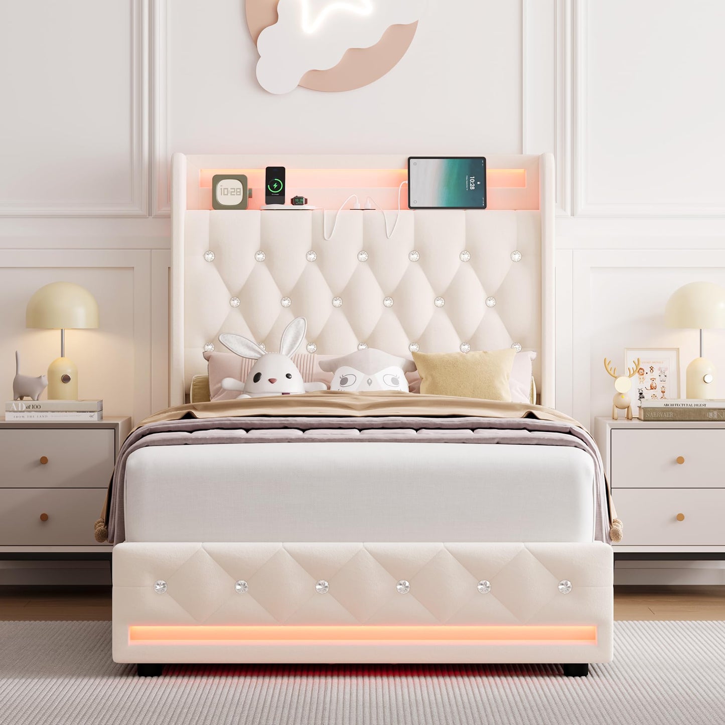 HIFIT Full LED Bed Frame with Charging Station and 4 Storage Drawers, Velvet Upholstered Platform Bed with Handcrafted Crystal Button Wingback Headboard, Metal Frame with No Box Spring Needed, Beige