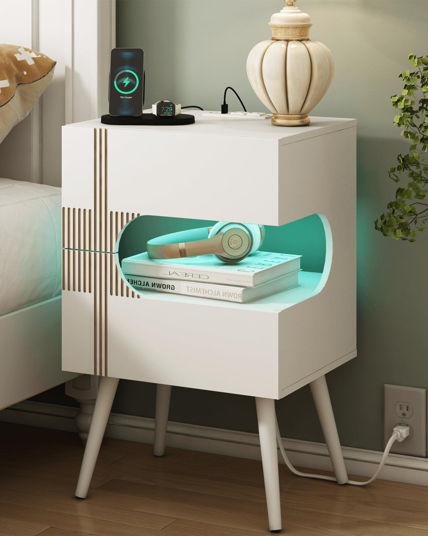 JOONEE White Nightstand with Charging Station and LED Lights,Modern Bedside Table with 2 Storage Drawer,Night Stand with Solid Wood Legs,White (White-2)