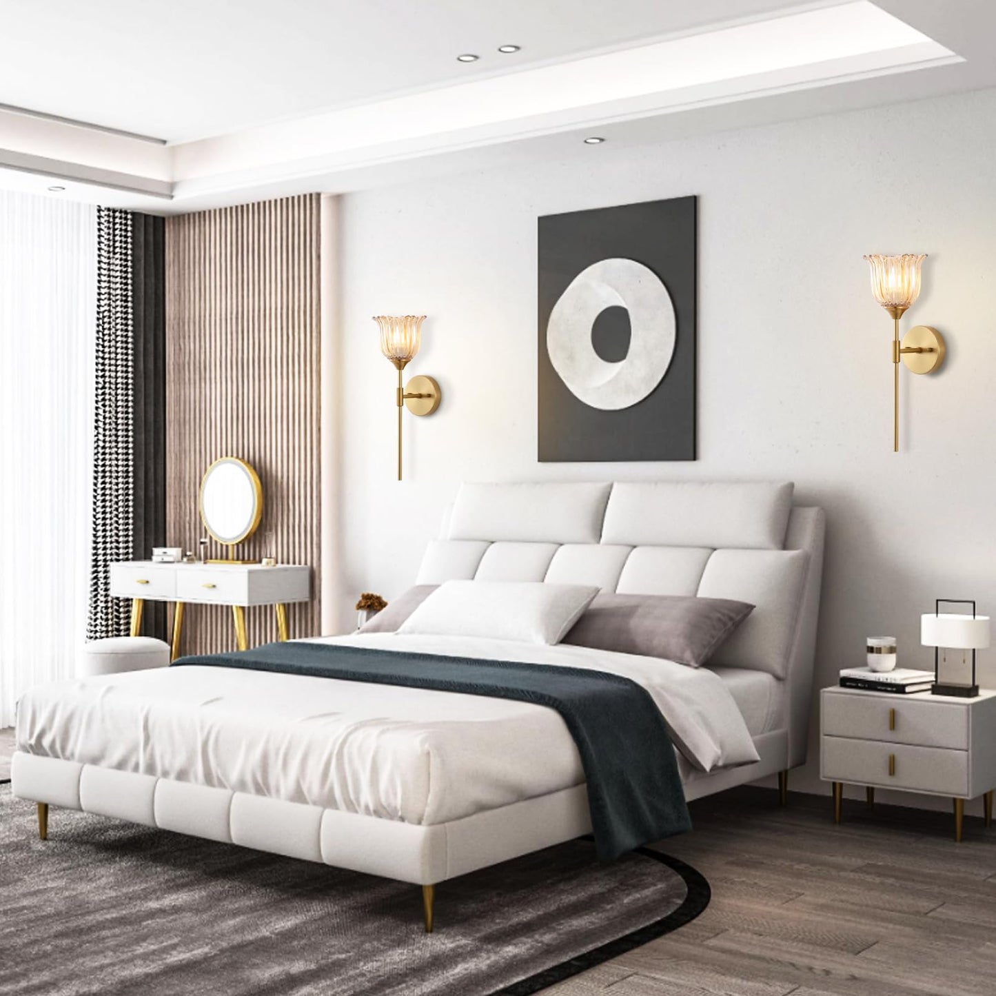 BYOLIIMA Gold Wall Sconce Set of 2 with Amber Glass Shades Modern Mid Century Bathroom Vanity Wall Light Fixtures Industrial Brushed Brass Wall Lamp for Bedroom Mirror Living Room Restaurant