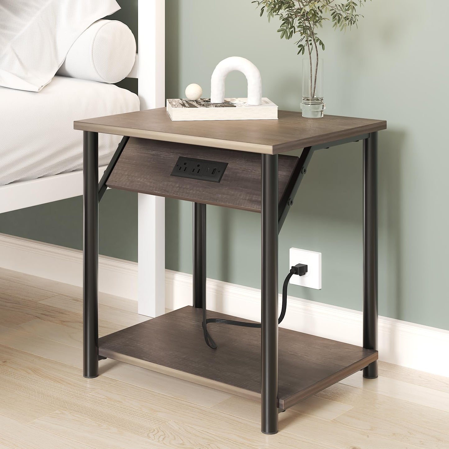Nightstands Set of 2, Small End Tables with Charging Station, Modern Night Stands, Narrow Side Tables for Small Space, Bedside Tables with 2-Tier Storage Shelf for Living Room, Bedroom, Rustic Grey