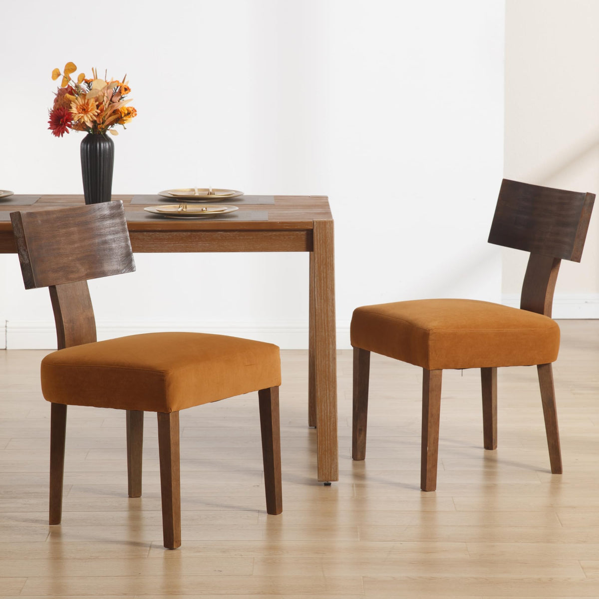 Janoray Farmhouse Dining Chairs Set of 6, Upholstered Dark Brown Wooden Chairs with T-Shape Back, Armless Kitchen Chairs Comfy Accent Chairs, Velvet Orange