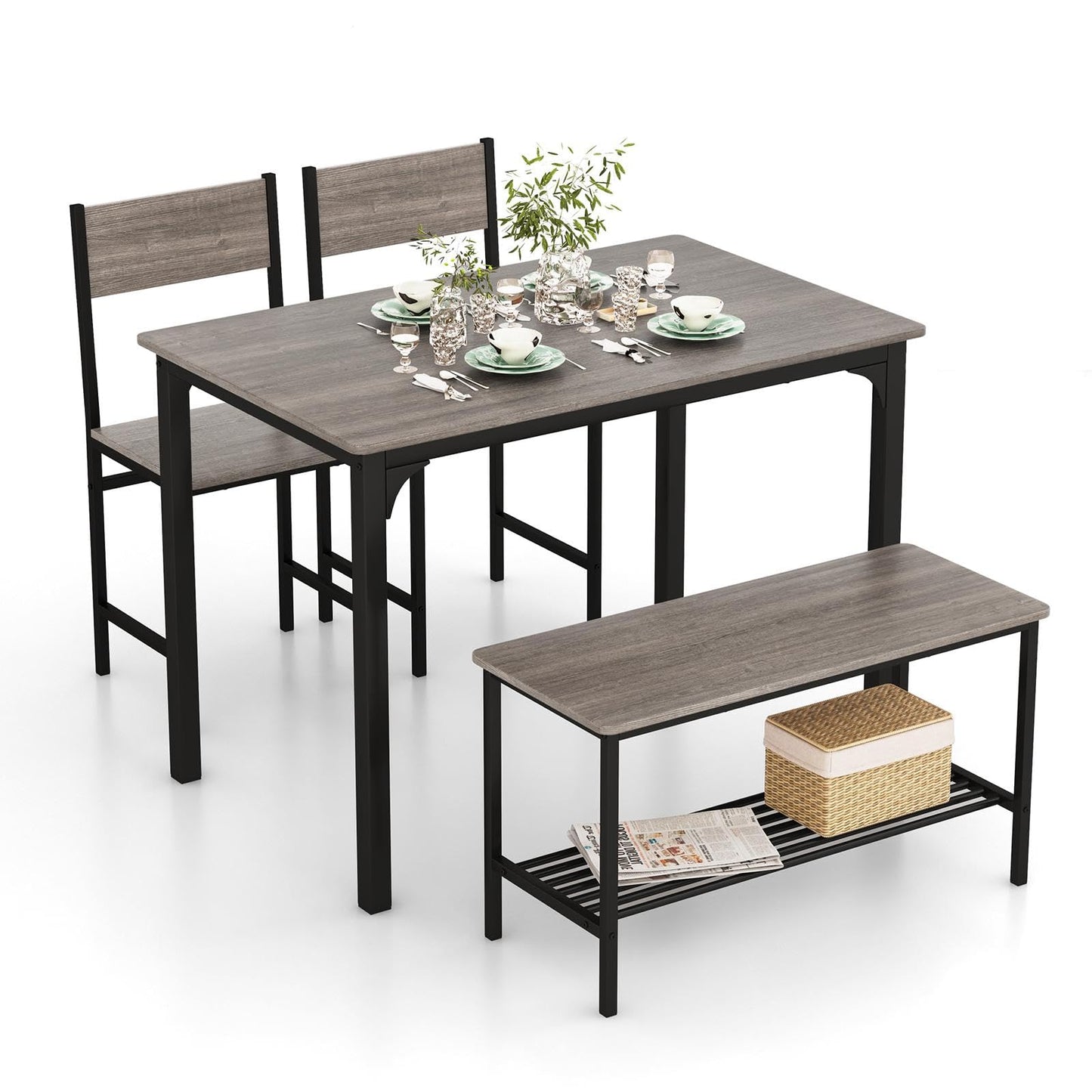 ReunionG Dining Table Set for 4, Modern Dinette with 1 Bench & 2 Chairs, Storage Shelf, 4-Piece Kitchen Table for Small Space, Apartment, Dining Room, Restaurant (Grey)