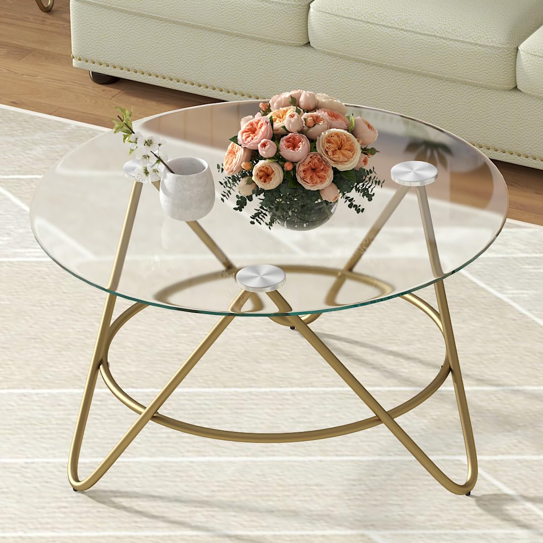 OIOG Round Coffee Table, Glass Coffee Table for Living Room, Bedroom, Home Office, Modern Coffee Table with Tempered Glass Tabletop, Gold