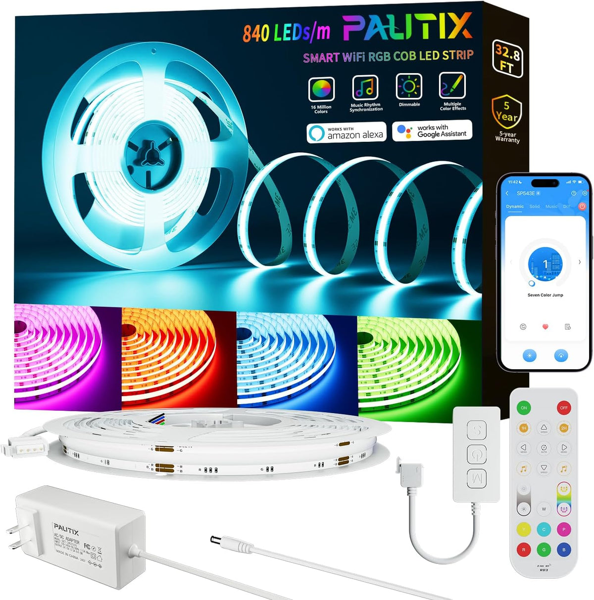 PAUTIX RGB COB LED Strip Light 32.8ft/10m,UL Listed 840LEDs/m 24V Multicolor Flexible Tape Light,Work with Alexa/Google Assistant Color Changing LED Strip Light,for TV,Bedroom,Party DIY Decoration
