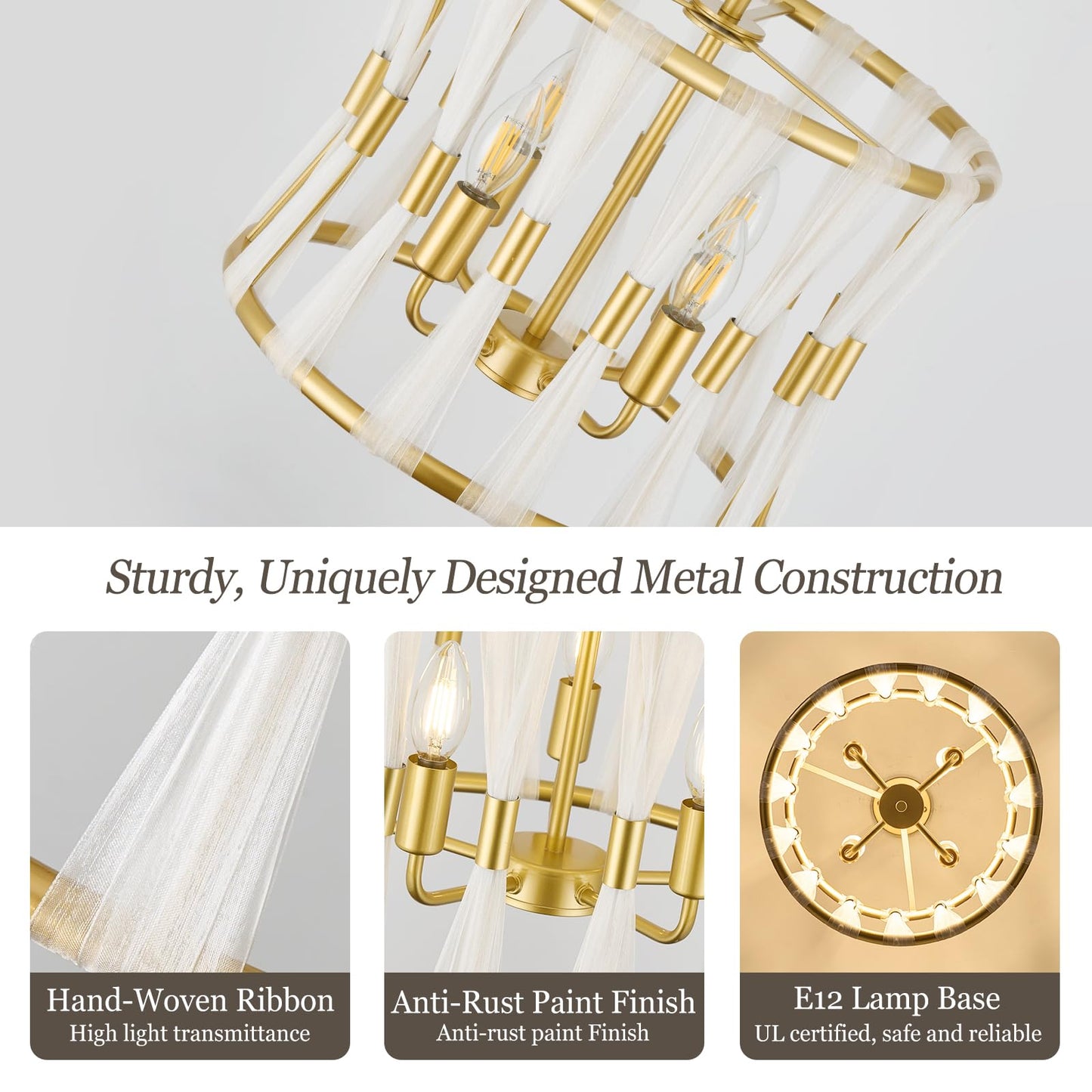 Karjearl Gold Chandeliers for Dining Room, 15" 4-Light Modern Drum Dining Room Light Fixtures Over Table, Farmhouse Gold Pendant Light for Dining Room Kitchen Island Living Room Entryway Foyer